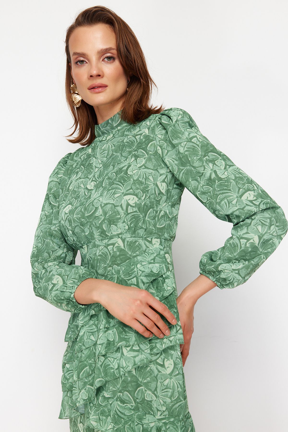 Trendyol Modest-Khaki květinová sukně s volánem, tkané šifonové šaty TCTSS23EB00160 2