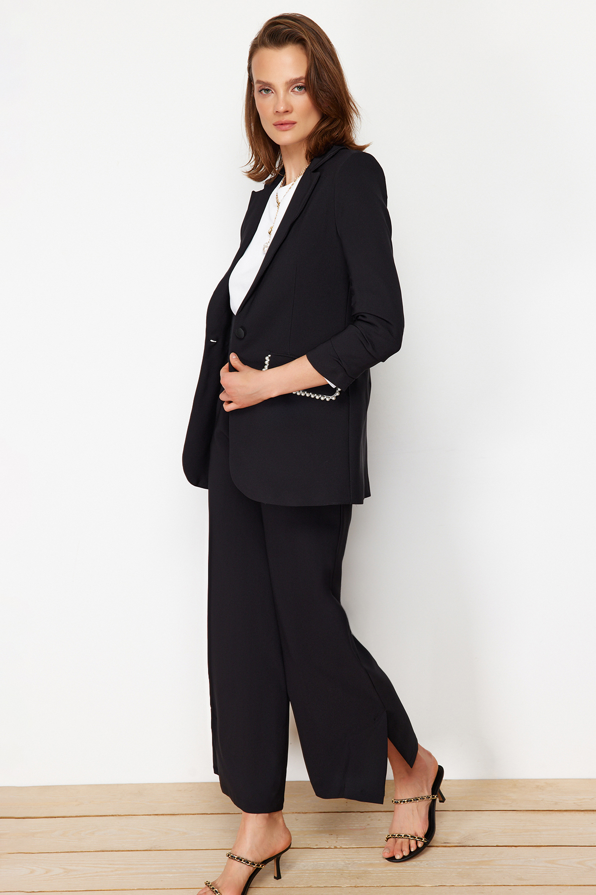 Trendyol Modest Black Pearl Detailed Crepe Jacket and Pants Woven Top and Bottom Set TCTSS24US00011