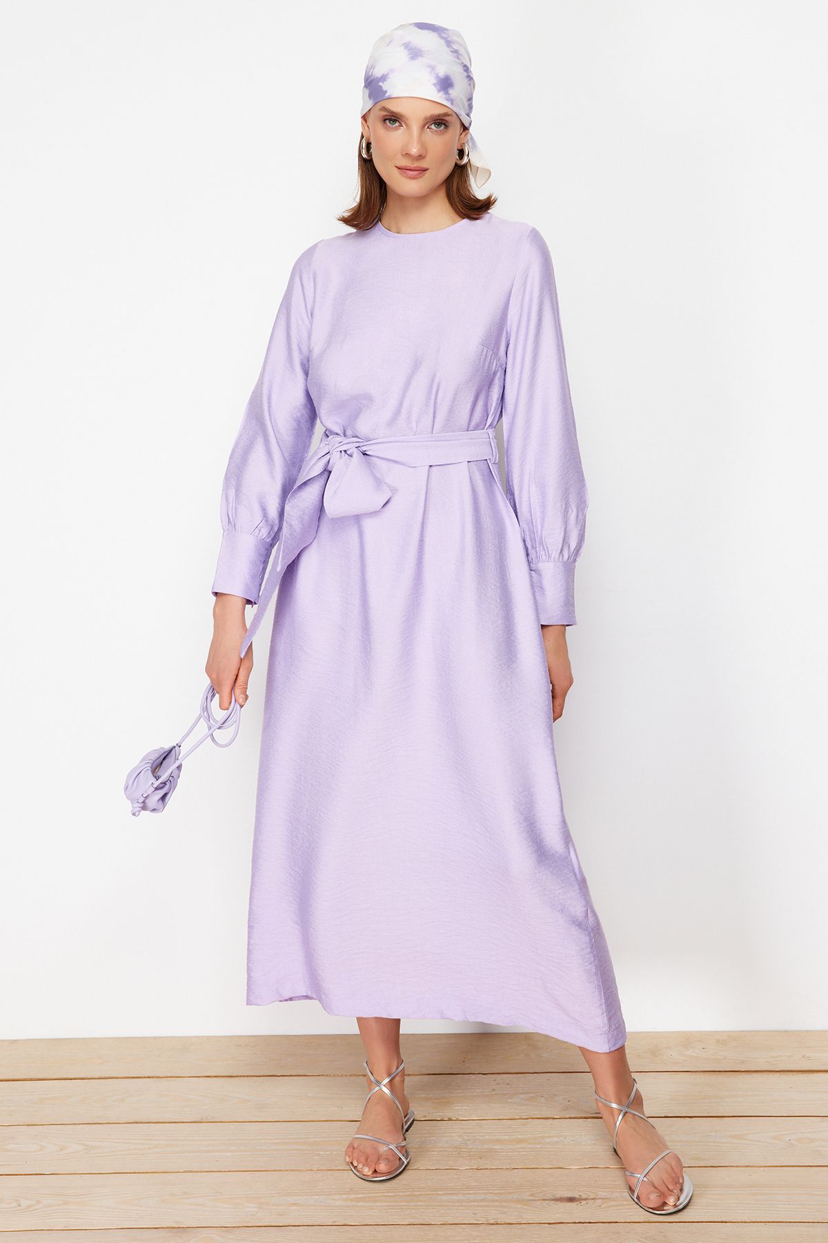 Trendyol Modest Lilacové šaty so širokým pásom na zips z tkaného plátna TCTSS23EB00219