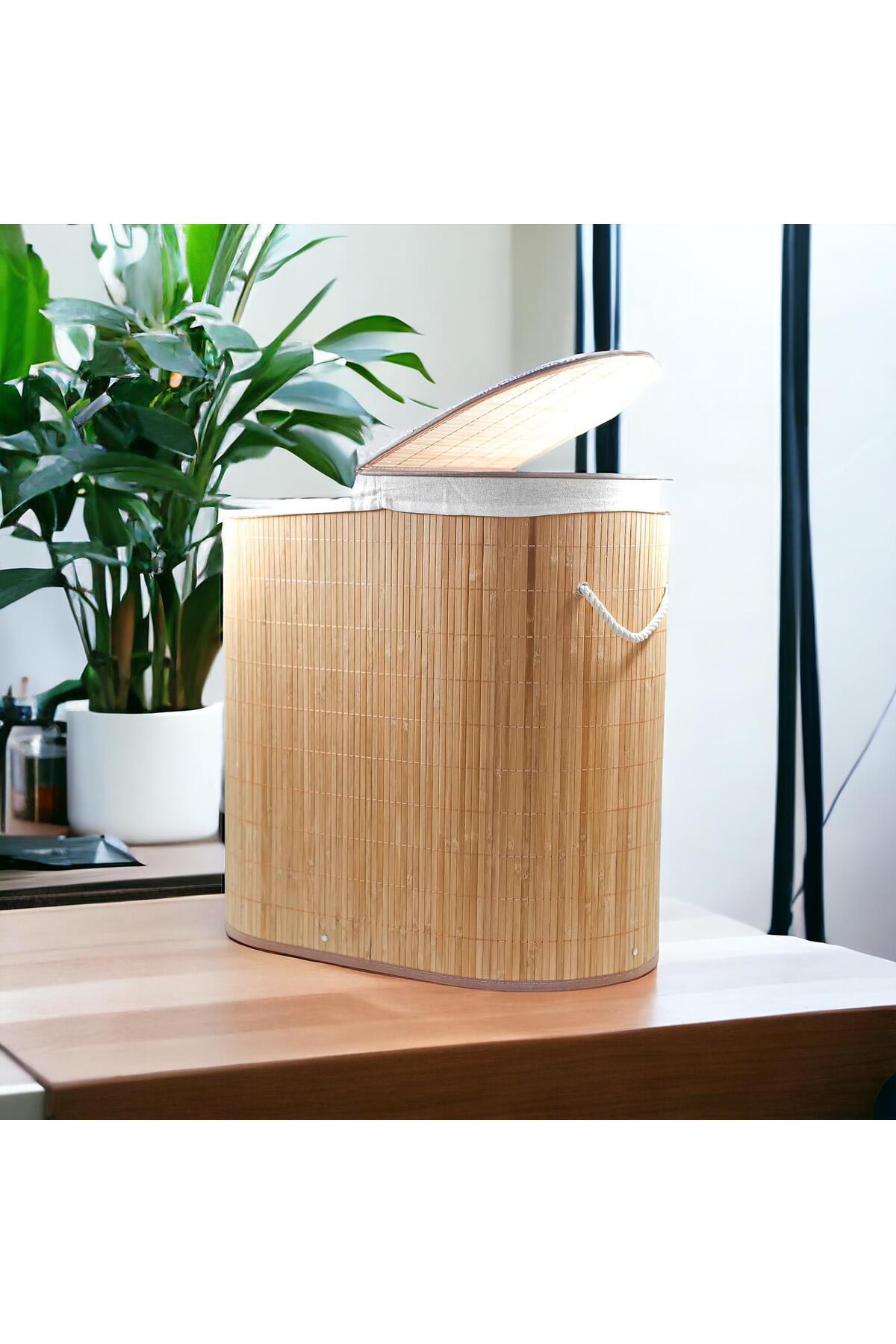 2 Compartment Oval Bamboo Dirty Laundry Basket Folding 2 Compartment Straw Laundry Basket