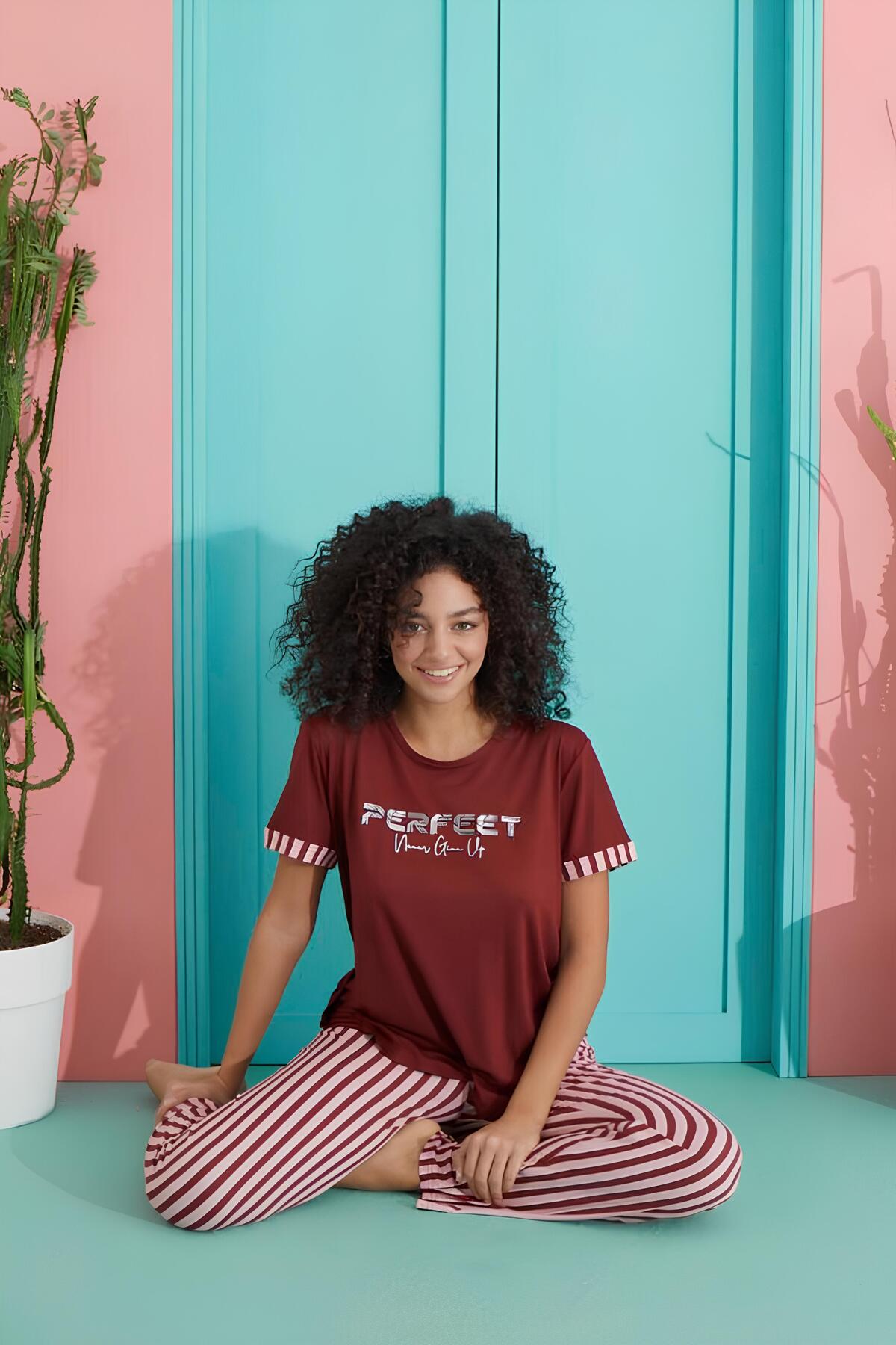 Meba Claret Red Striped Short Sleeve Knitted Milan Women's Pajamas Set /3