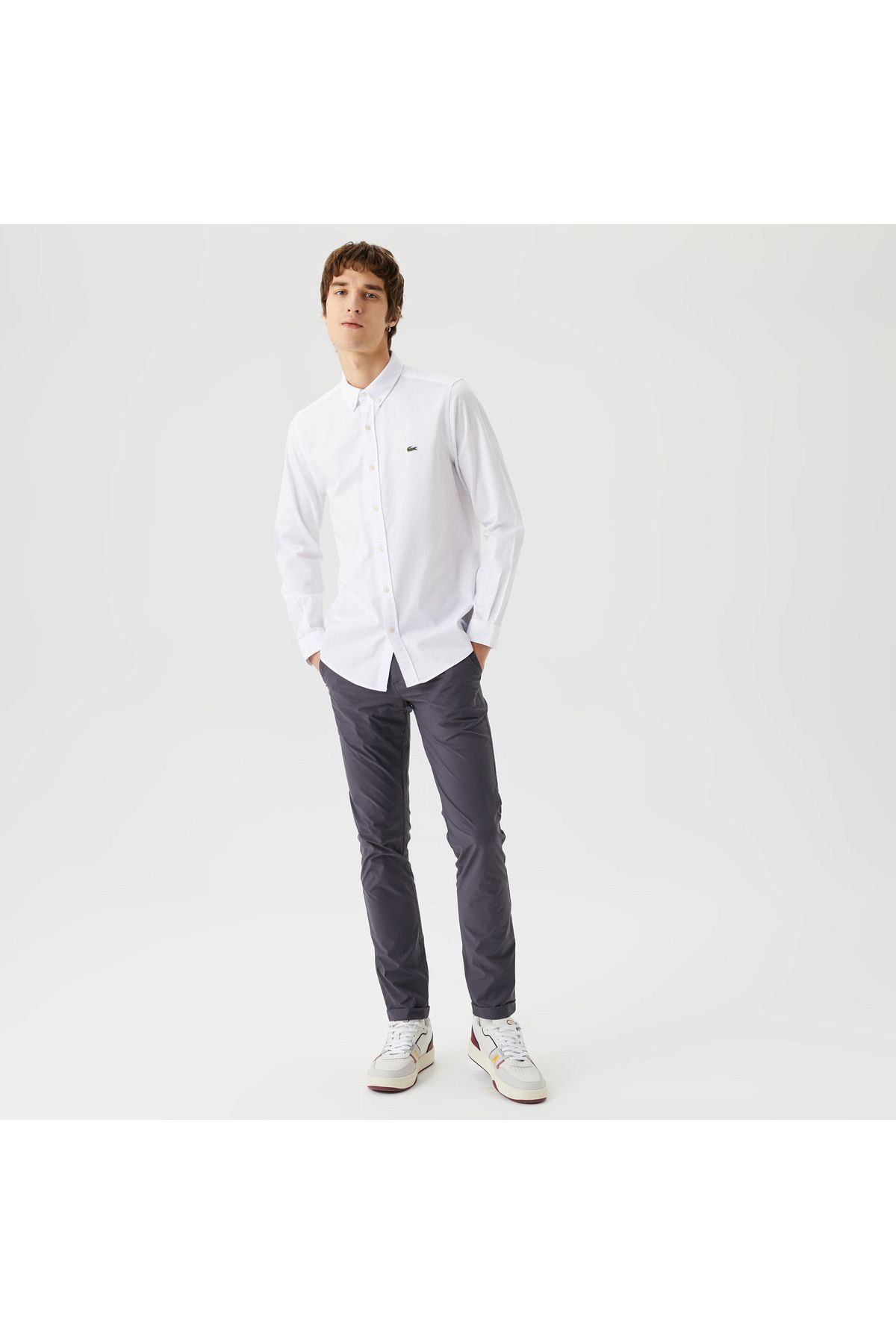 Lacoste پیراهن سفید پنبه ارگانیک یقه آلی لباس باریک مردانه