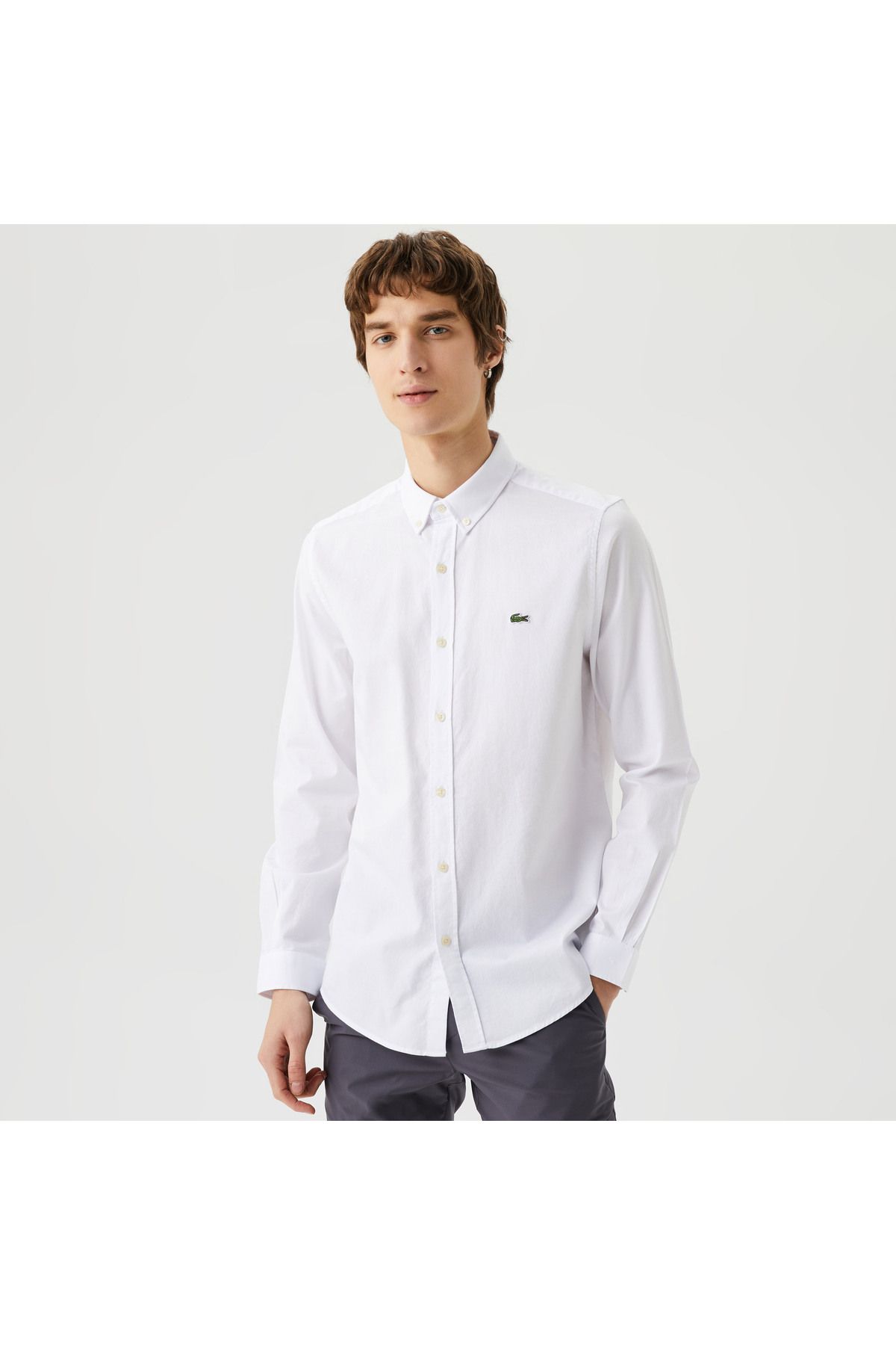 Lacoste پیراهن سفید پنبه ارگانیک یقه آلی لباس باریک مردانه