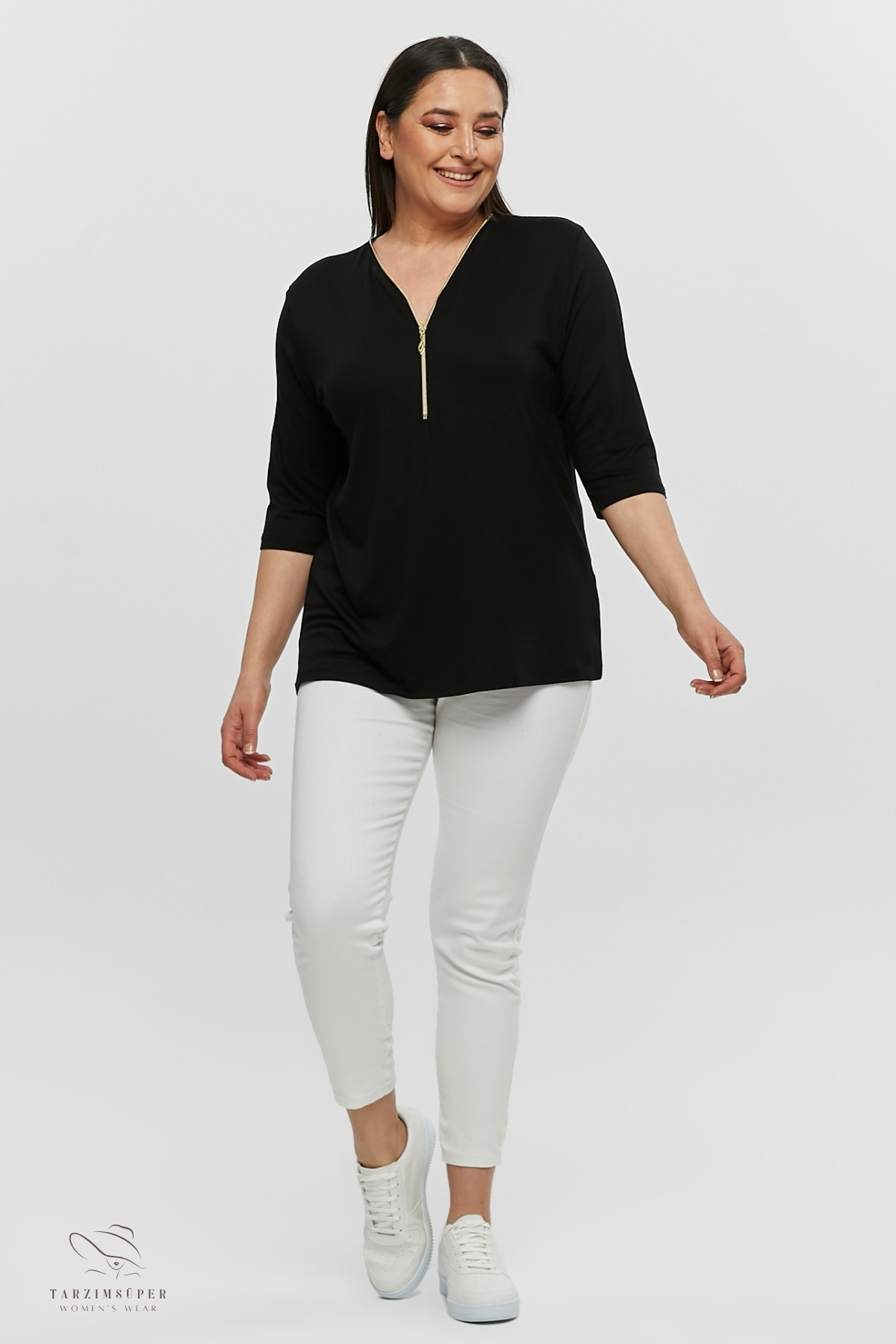 tarzımsüper  Büyük Beden Yeni Sezon Kapri Kol Bluz Fermuarlı Konfor Modeli V Yaka 4 Mevsim Anne Günlük Şık Bluz - Görsel 9