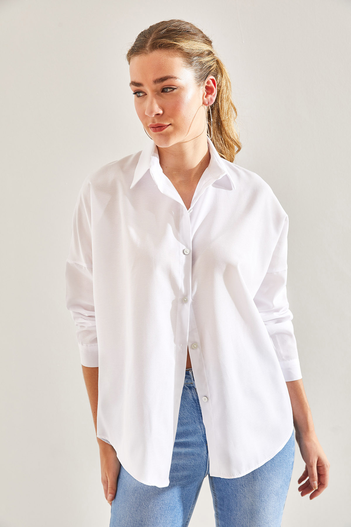 Bianco Lucci Damska koszula z prostymi rękawami i składanymi rękawami