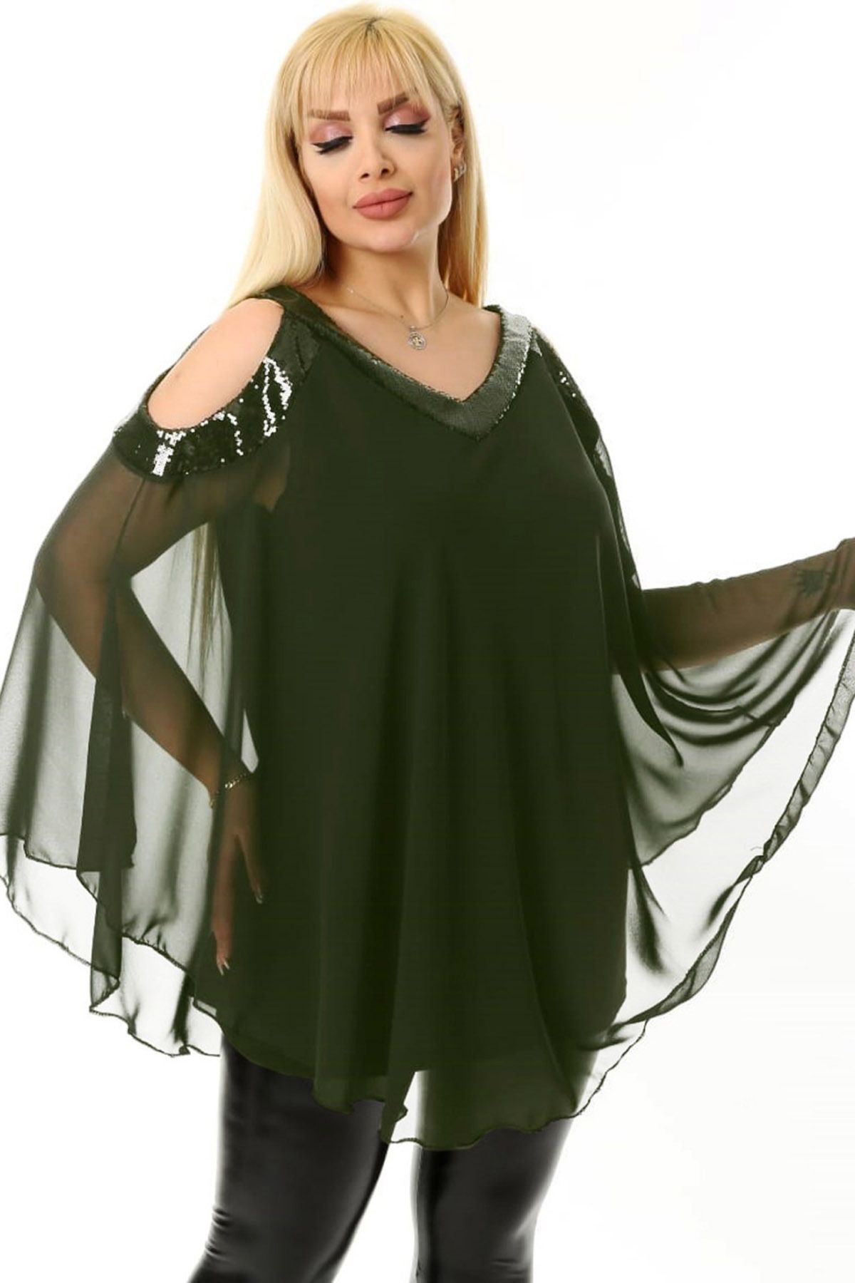 Kheos-Cool and Stylish Tulle Chiffon Blouse with Off-Shoulder V-Neck Shoulder and Collar Sequin Sequin Lining 1