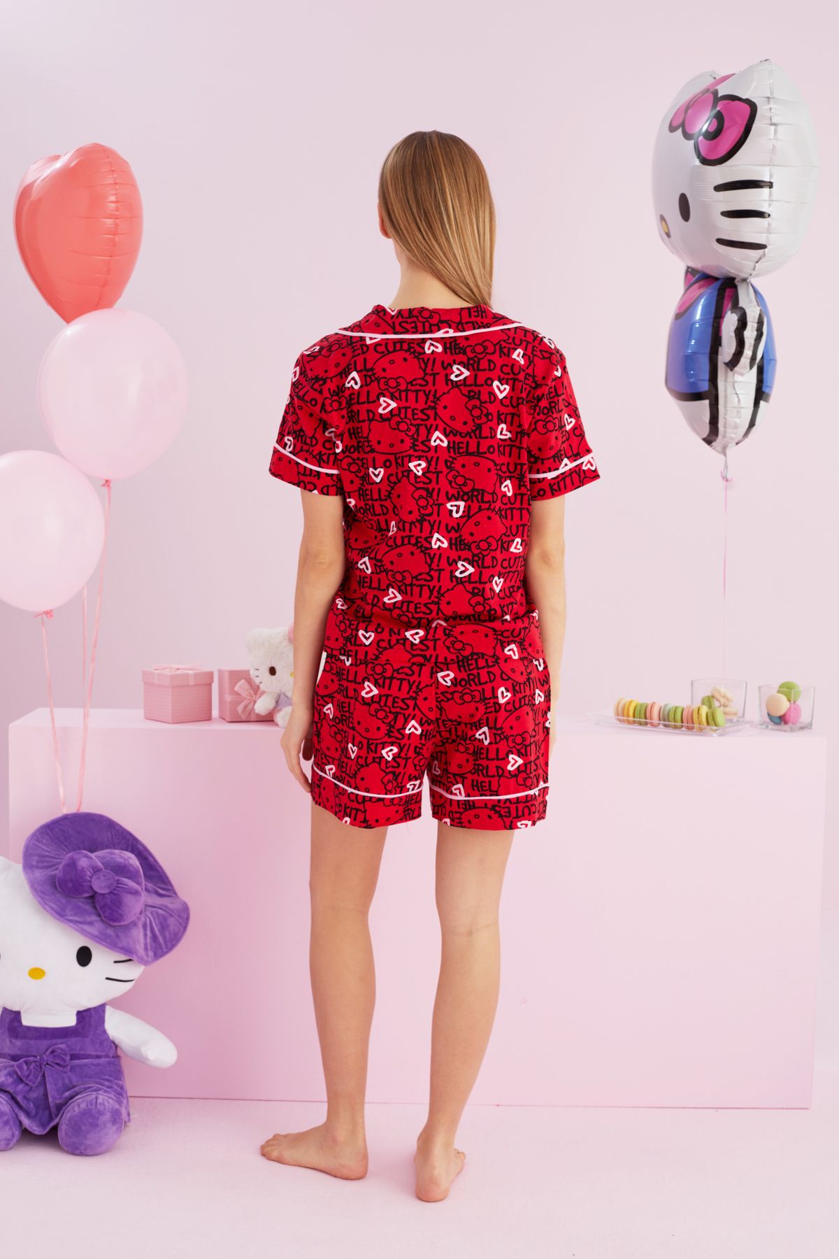 Siyah İnci-Σετ πιτζάμες Hello Kitty με άδεια 100% βαμβακερό κόκκινο πολύχρωμο σορτς με κουμπιά 3