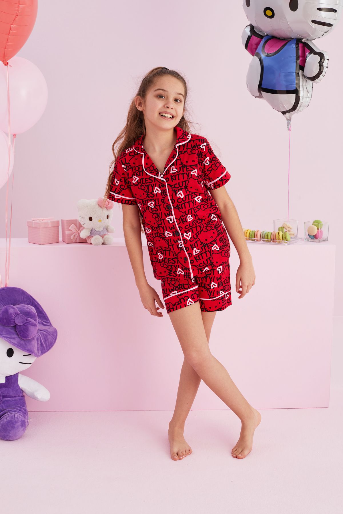 Siyah İnci-Σετ πιτζάμες Hello Kitty με άδεια 100% βαμβακερό κόκκινο πολύχρωμο σορτς με κουμπιά 4