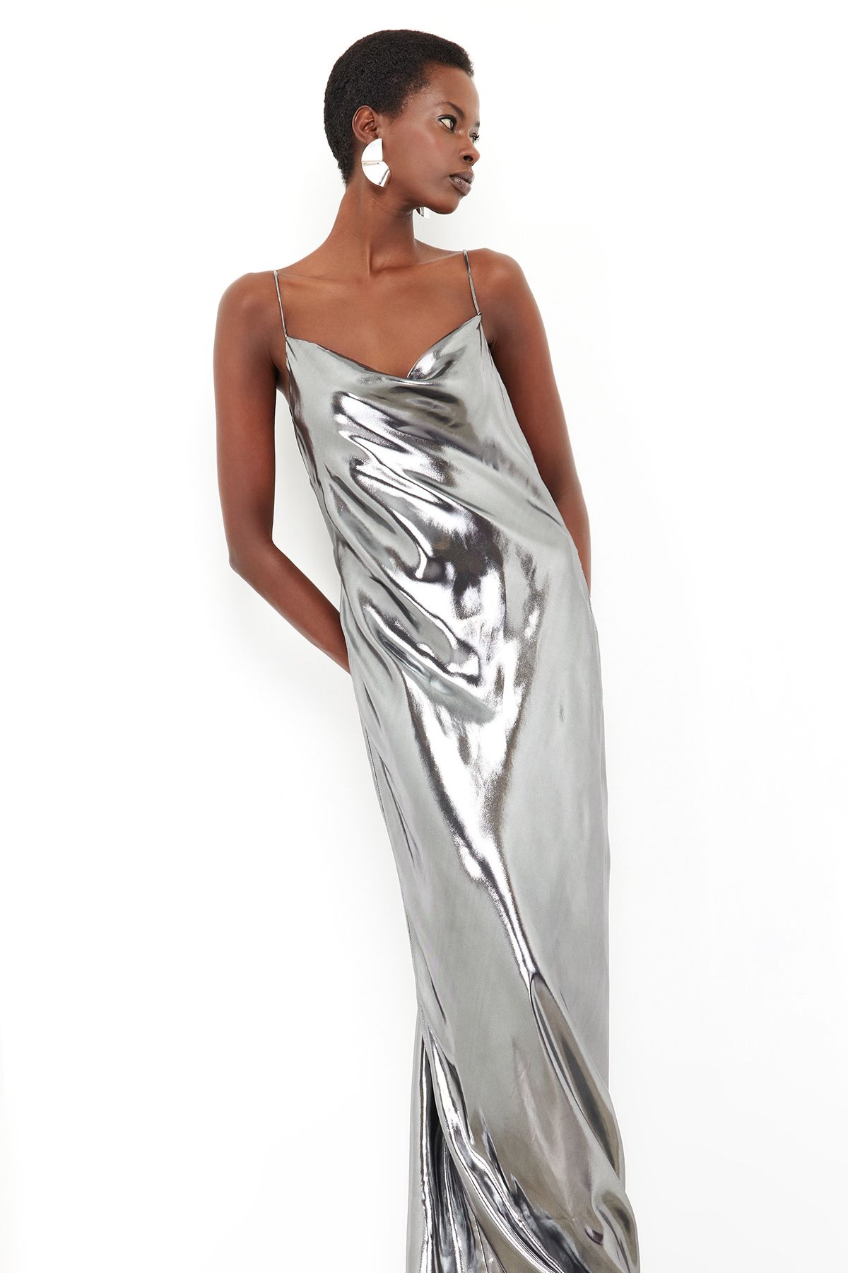 Trendyol Collection-Metallic Woven Silver Lined Fish Long Evening Dress - TPRSS24AE00017 3