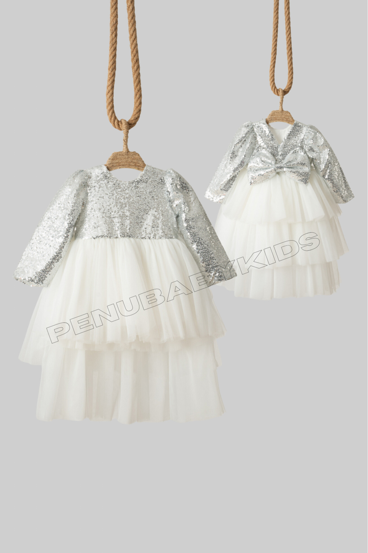 penu baby kids Beyaz Payetli Uzun Kol Tül Etekli Kız Bebek Elbise - Elizabeth fotoğrafı 5 (önizleme)