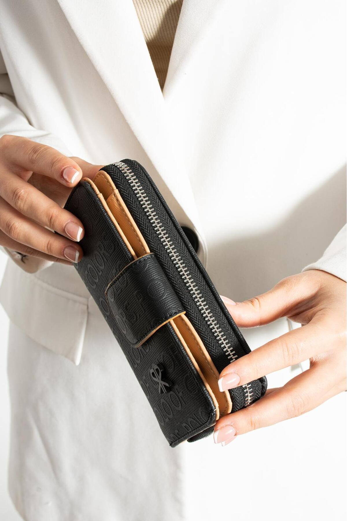 Polo Of Colors Black Camel Embossing Medium Size Women Coin and Card Slot Wallet