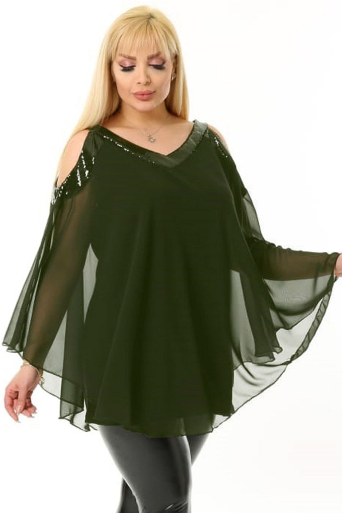 Kheos-Cool and Stylish Tulle Chiffon Blouse with Off-Shoulder V-Neck Shoulder and Collar Sequin Sequin Lining 4