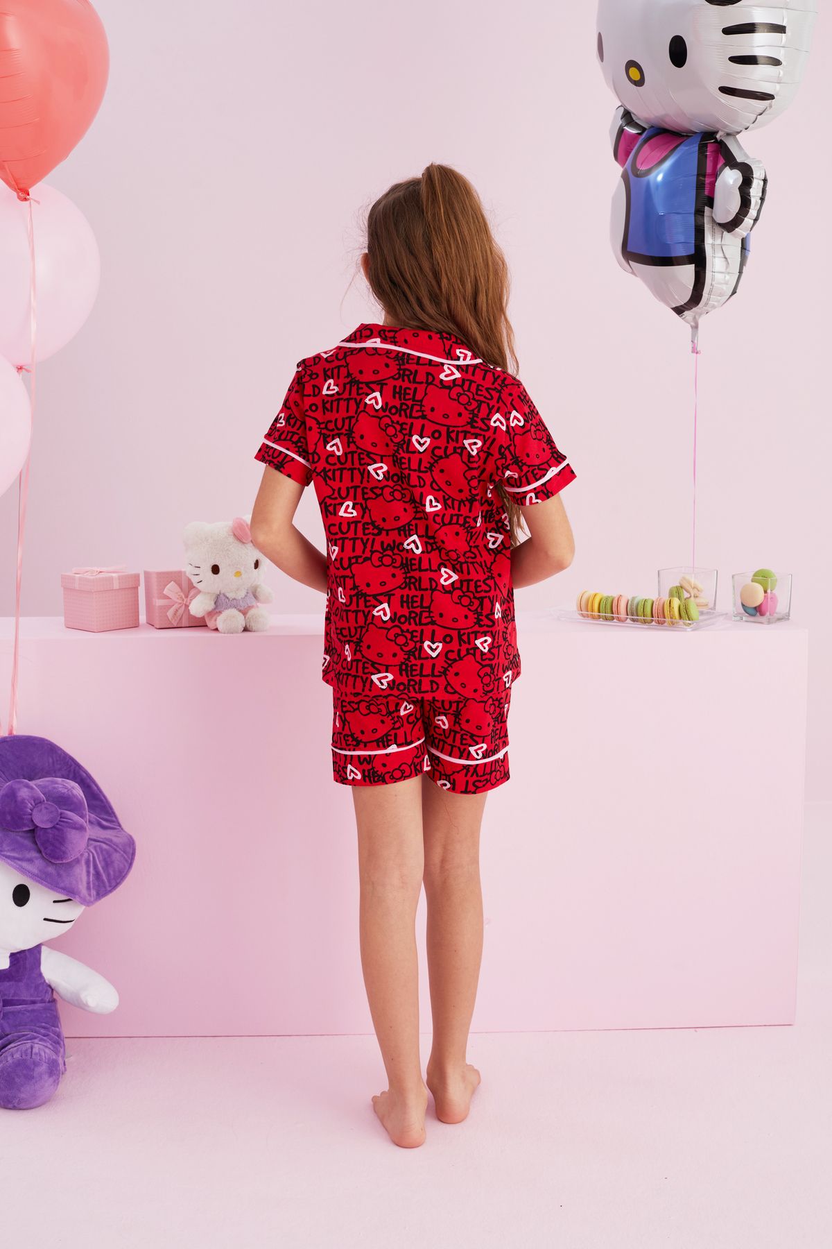 Siyah İnci-Σετ πιτζάμες Hello Kitty με άδεια 100% βαμβακερό κόκκινο πολύχρωμο σορτς με κουμπιά 5