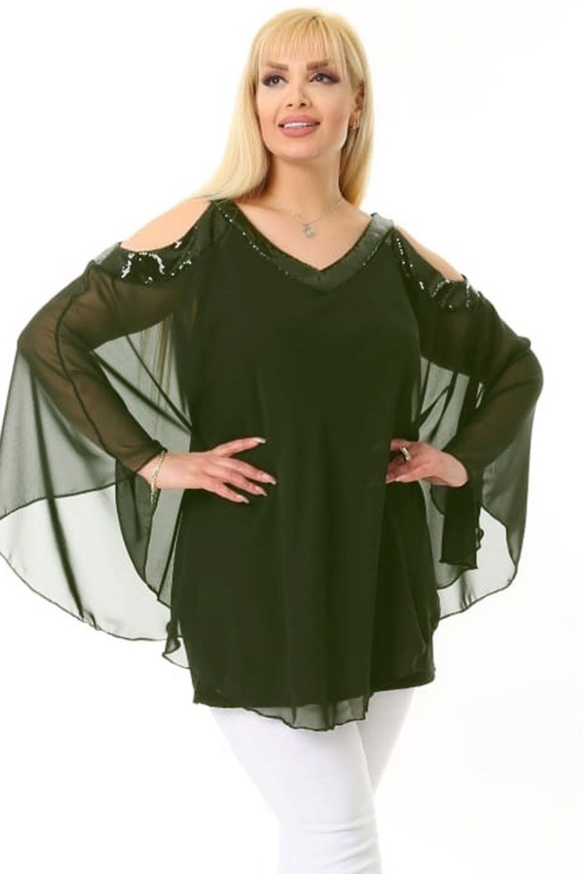 Kheos-Cool and Stylish Tulle Chiffon Blouse with Off-Shoulder V-Neck Shoulder and Collar Sequin Sequin Lining 2