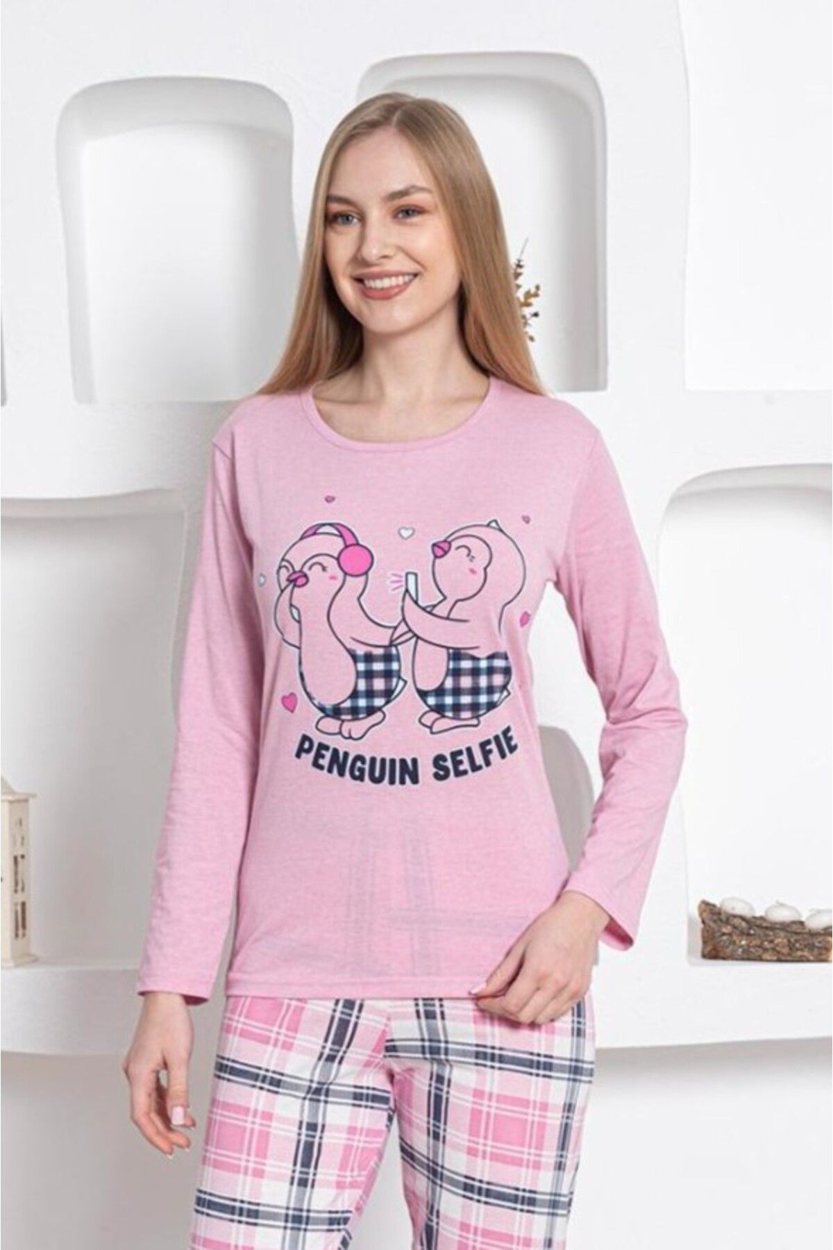 Farya Home-Set de pijamale Dreamy din bumbac, cu mânecă lungă, cu model, cu picioare cu manșete 2