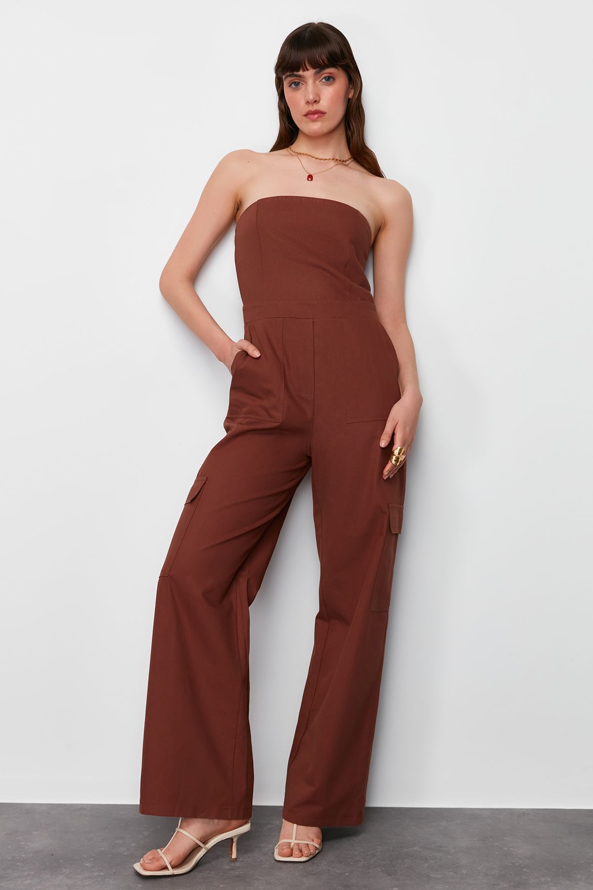 Trendyol Collection-Brown Cargo Pocket Strapless Collar Maxi Woven Jumpsuit TWOSS23TU00192 9