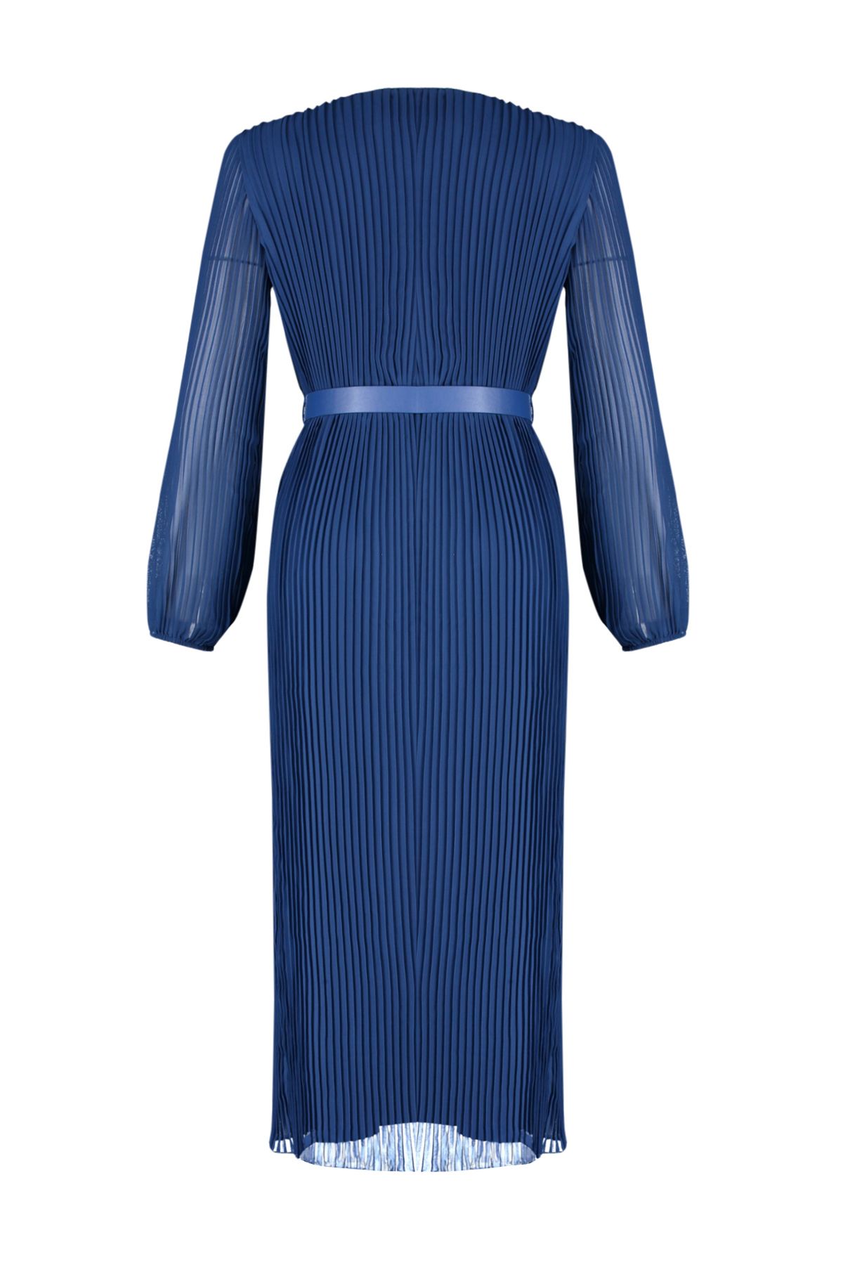 Trendyol Collection-Marineblaues A-Linien-Kleid aus plissiertem, gewebtem Chiffon mit Gürtel und Gürtel TWOAW24EL00471 8
