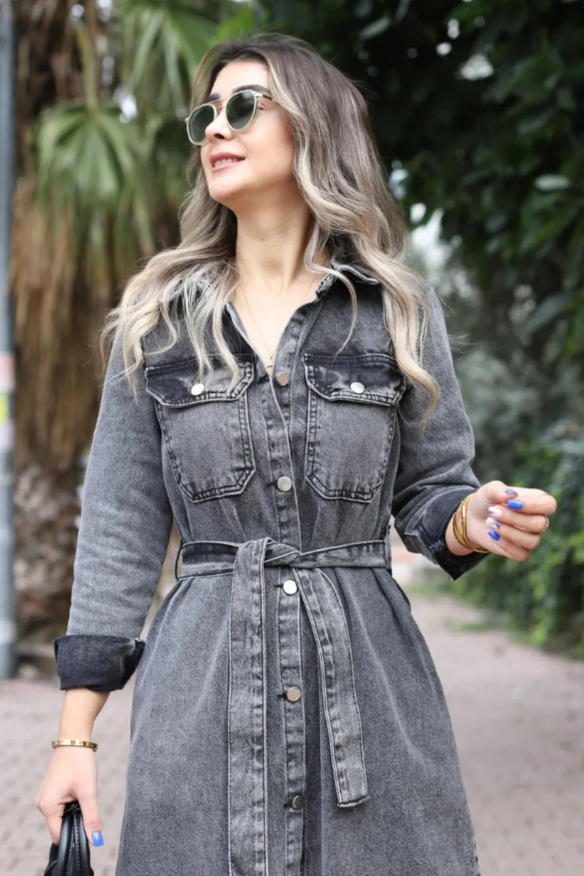 fehika-Rochie de blugi cu nasturi, cu centură, denim, gri 4
