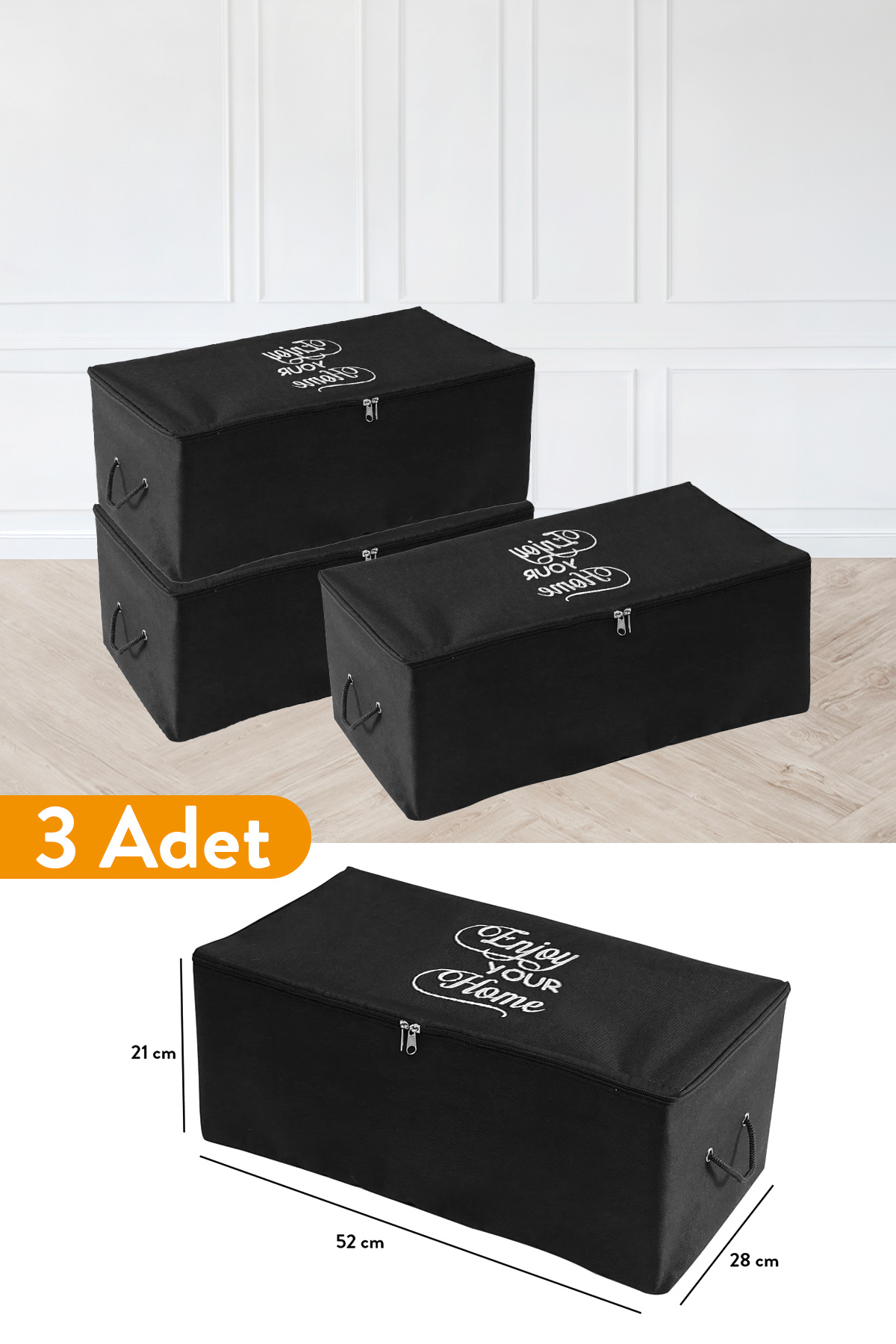 3 Pieces - Small Size Print Detailed Black Hurc 52 X 28 X 21 Cm