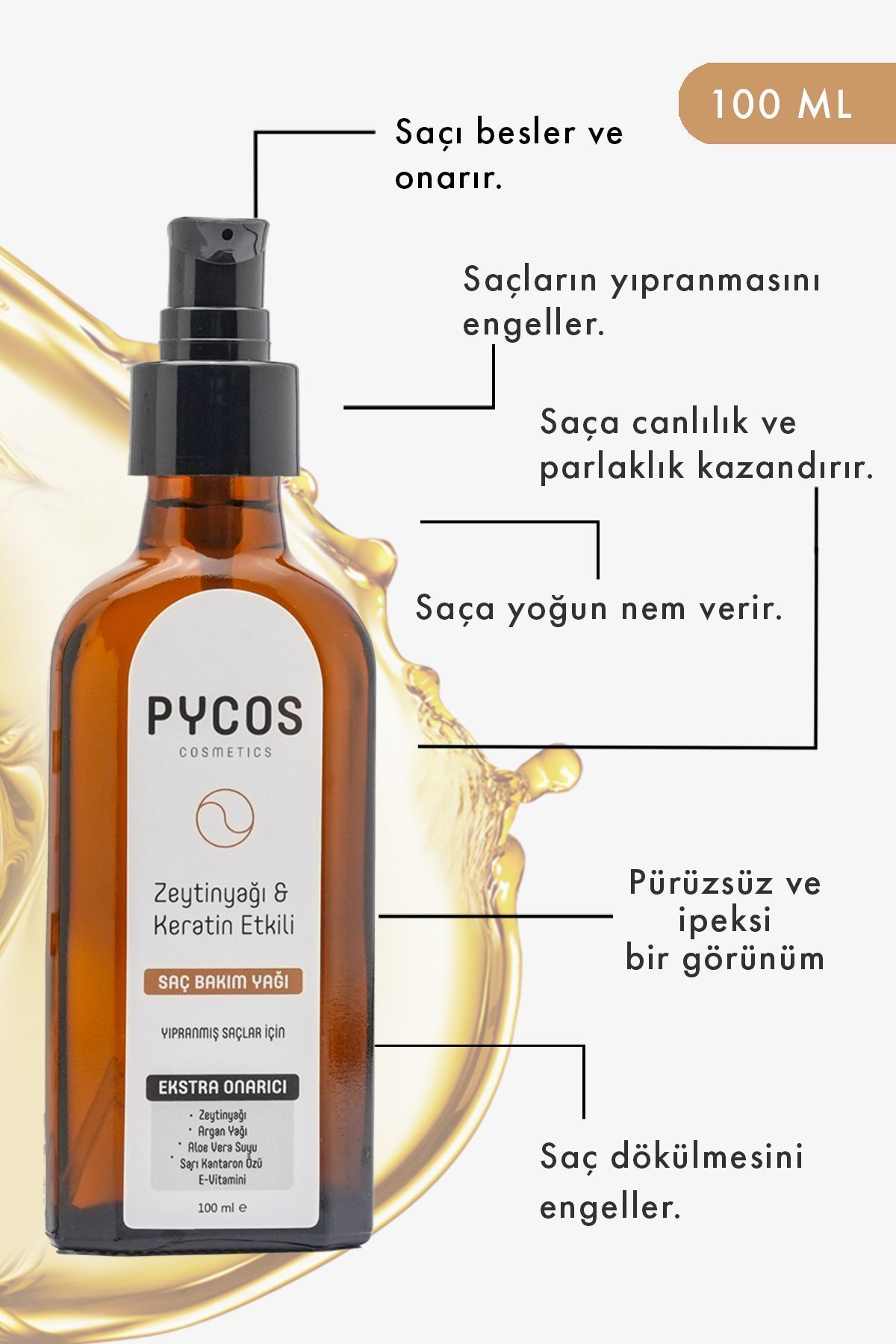 کمپلکس تغذیه کننده و ترمیم کننده مو با روغن زیتون-کراتین-روغن آرگان 100 میلی لیتر PYCOS COSMETICS