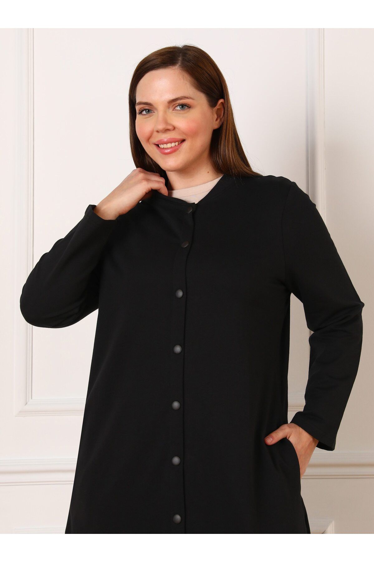 ALİA-Large Size 2 Thread Knitted Cap with Snap Buttons - Black - Alia 3