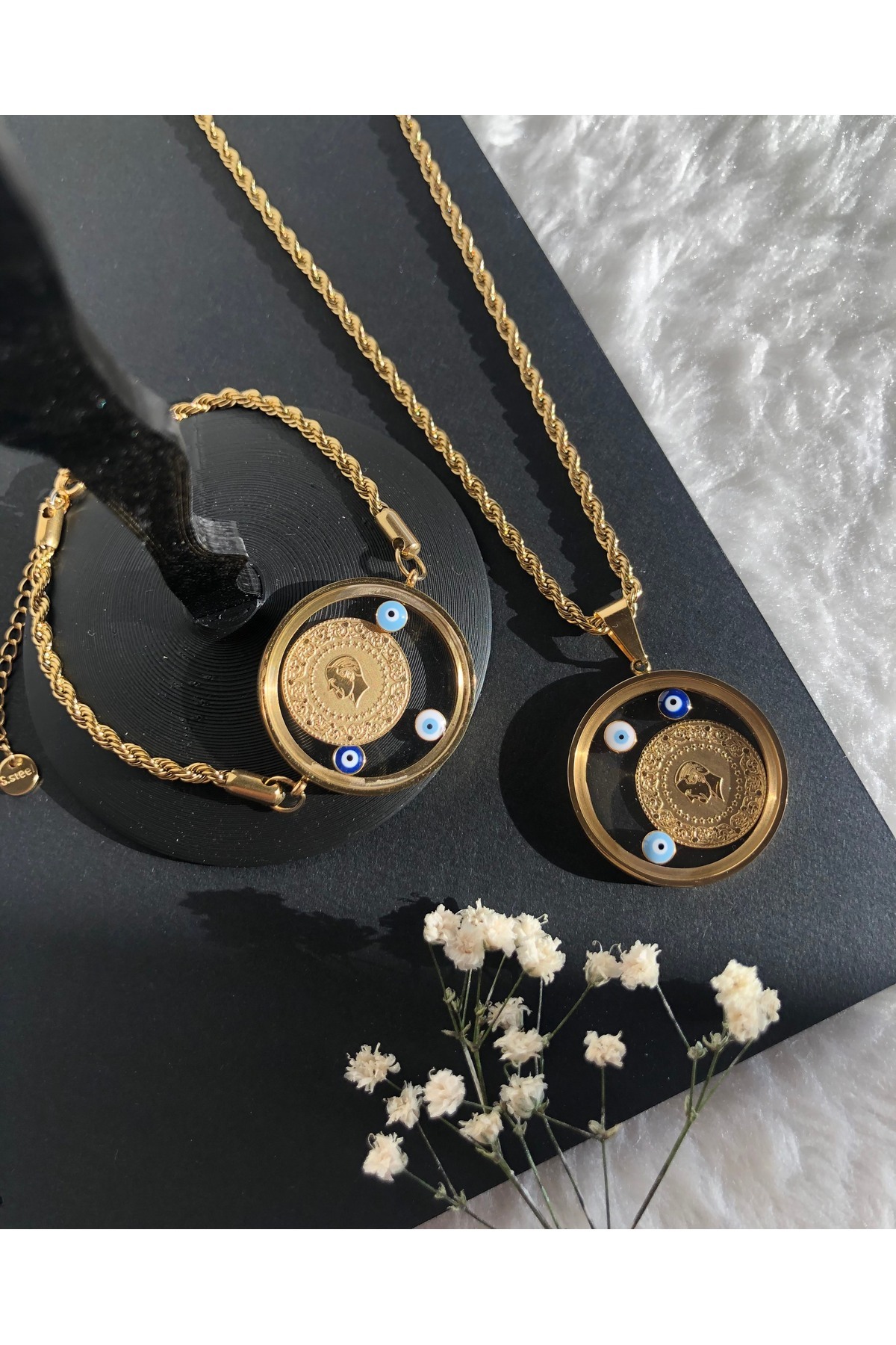 HA WEL ACCESSORY ÇELİK AÇILABİLİR CAM ÇEYREKLİ BURGU BİLEKLİK VE 60CM KOLYE SETİ İKİLİ TAKIM