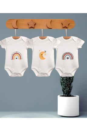 Bebe wini %100 Pamuk 3'lü AY MODEL Baskılı Kısa Kollu Bebek Zıbını