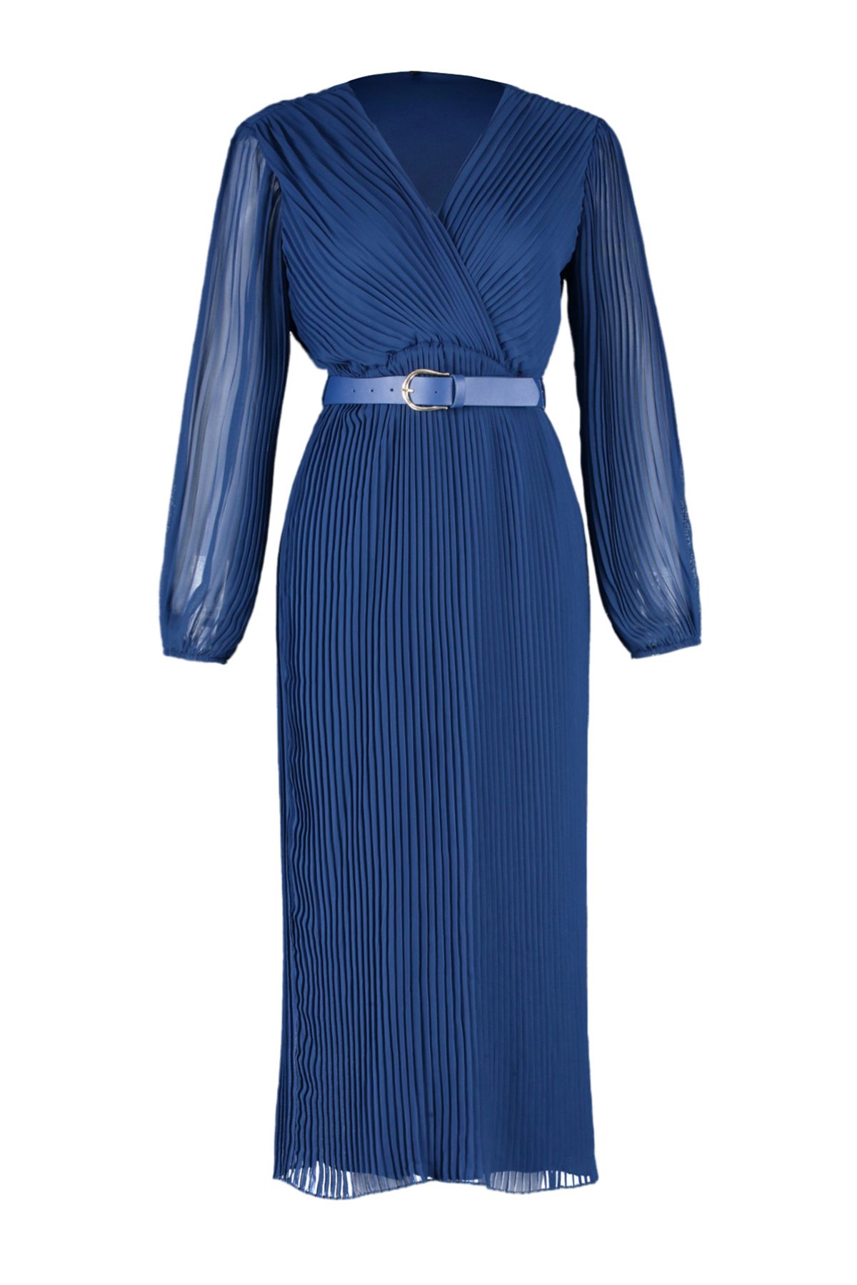 Trendyol Collection-Marineblaues A-Linien-Kleid aus plissiertem, gewebtem Chiffon mit Gürtel und Gürtel TWOAW24EL00471 7