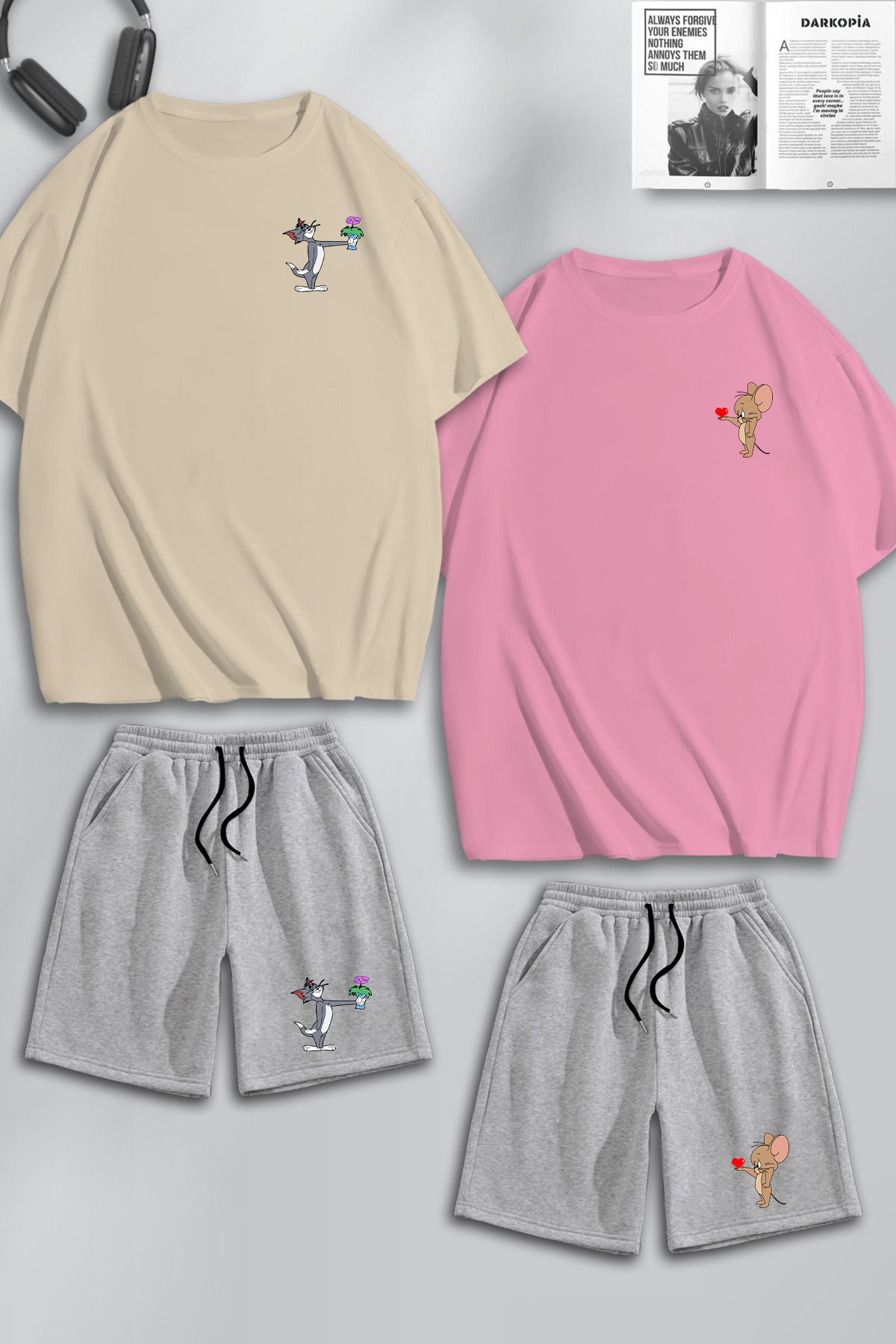 macklin Unisex Femei Bărbați Floral Tom Și Jerry Imprimat Lover Cuplu Combinație Design Tricou Și Pantaloni Scurți Oversize Unisex - XL