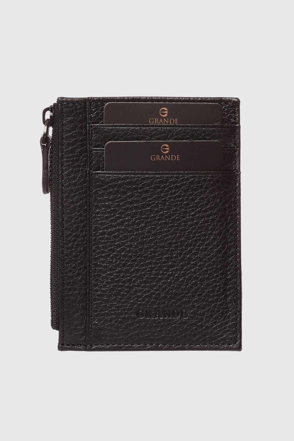 Grande 853 Hakiki Deri Bozuk Para Hazneli Fermuarlı Dikey Kartlık Flother Siyah