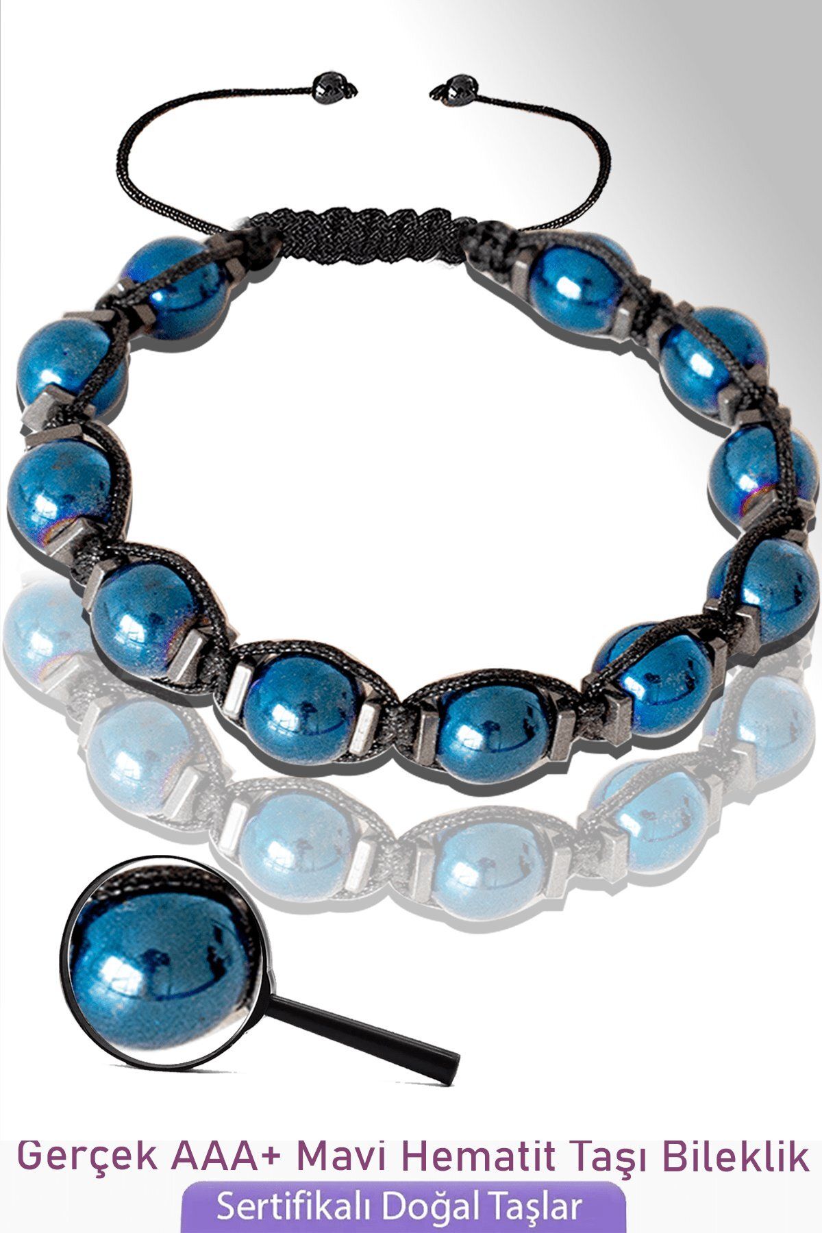 Tesbih Atölyesi-Certified Real Blue Hematite Stone Bracelet - Adjustable 1