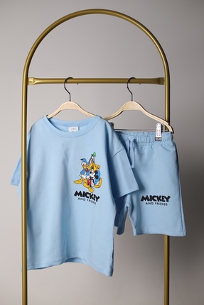 Eflin Butik Açık Mavi Mickey Ve Arkadaşları Sırt Baskılı Şortlu Takım