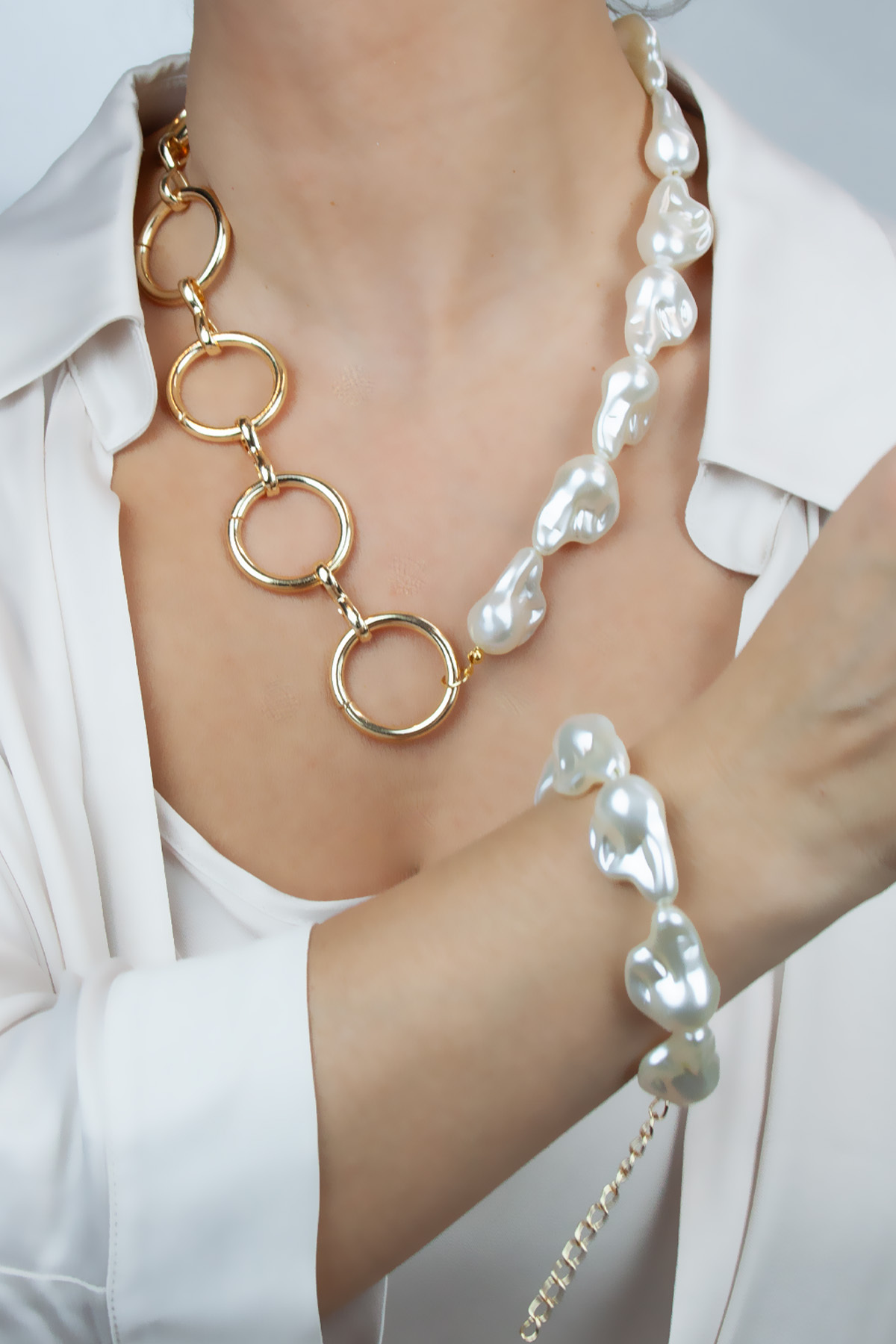 Barok İnci Gold Halka Kolye Bileklik Set 2
