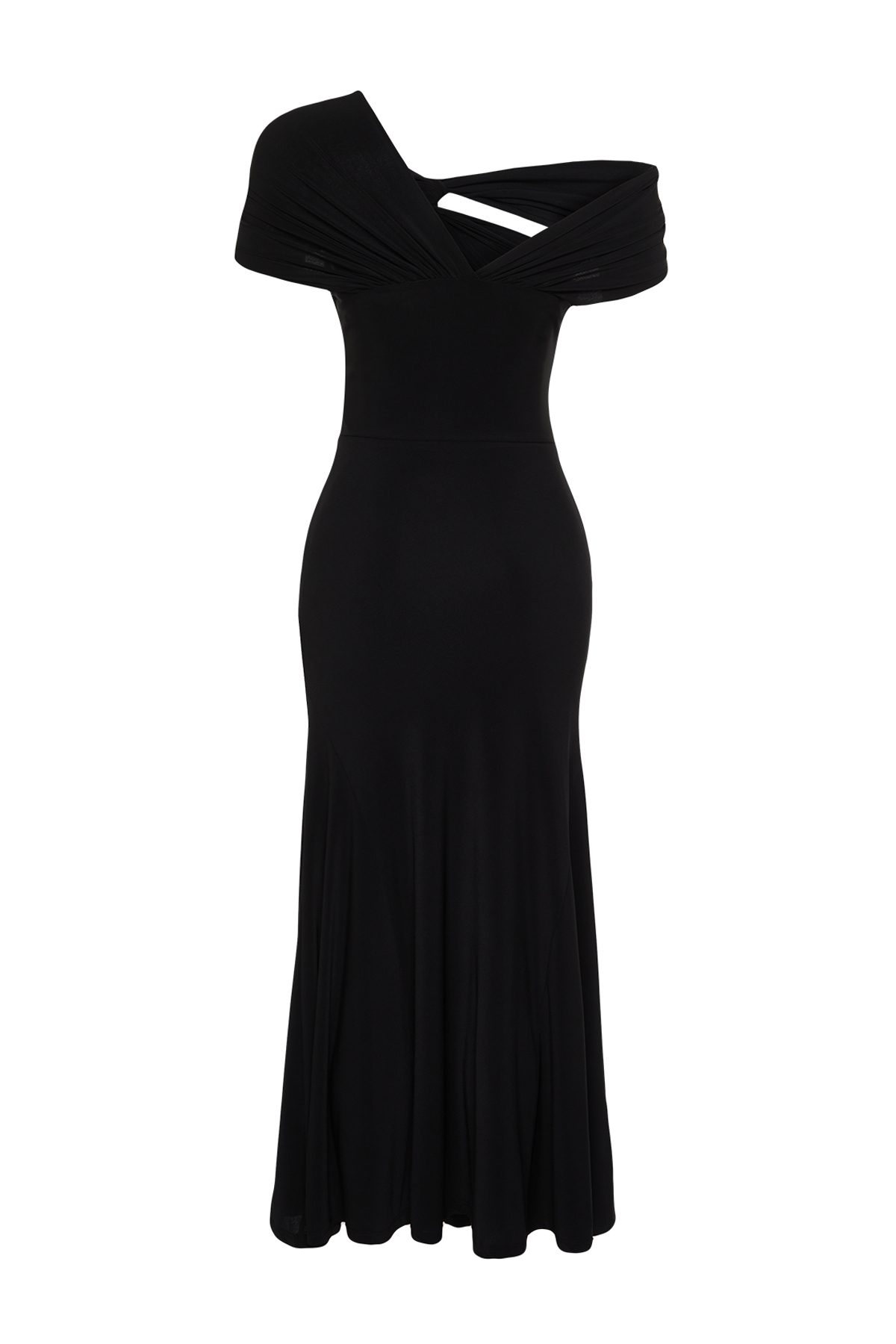 Trendyolmilla  Siyah A-Kesim Asimetrik Yaka Örme Şık Abiye Elbise TPRSS24EL00046 - Görsel 9