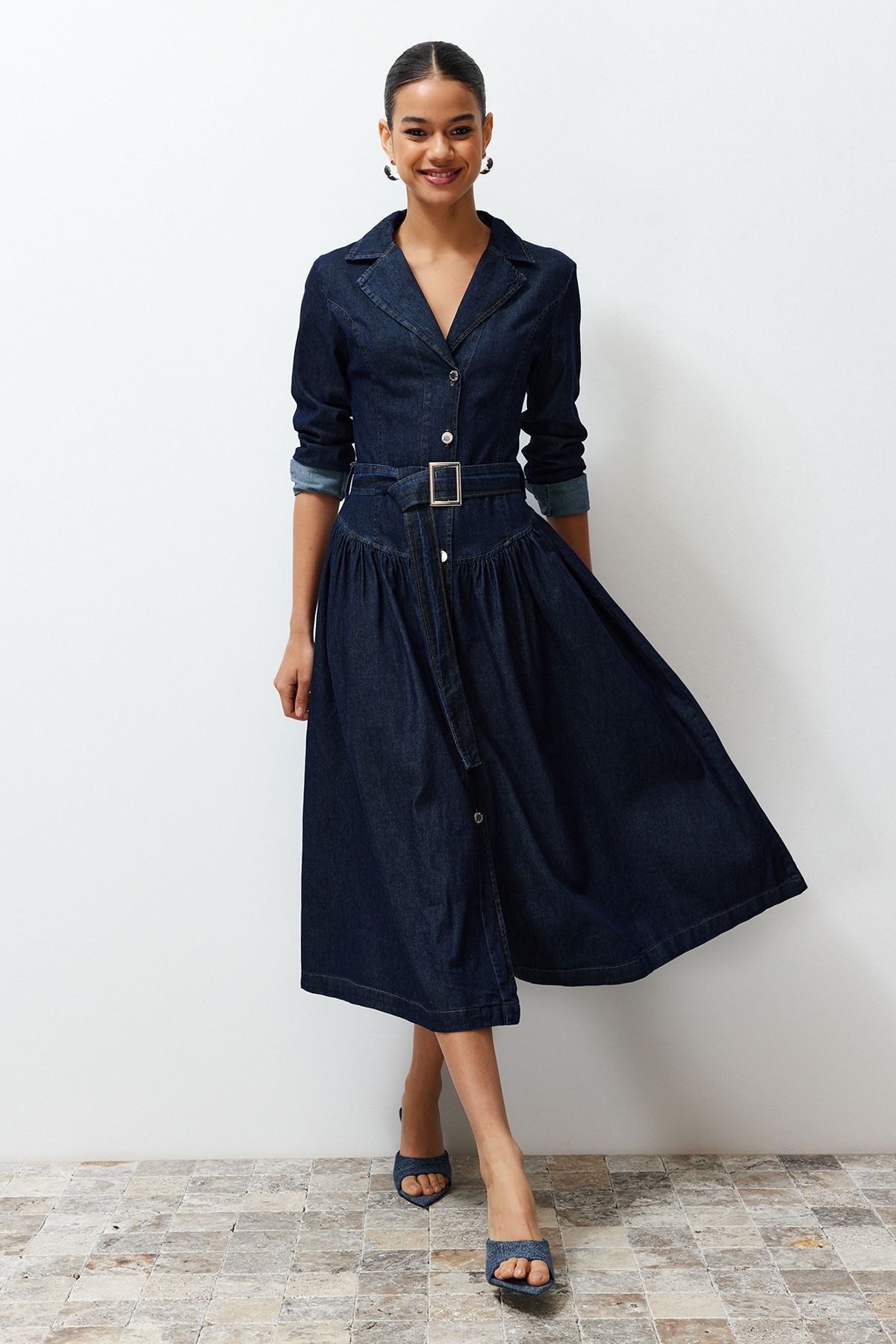 Trendyol Collection-Jacket Lapel Maxi Denim Dress with Belt - Twoss24El00776 2