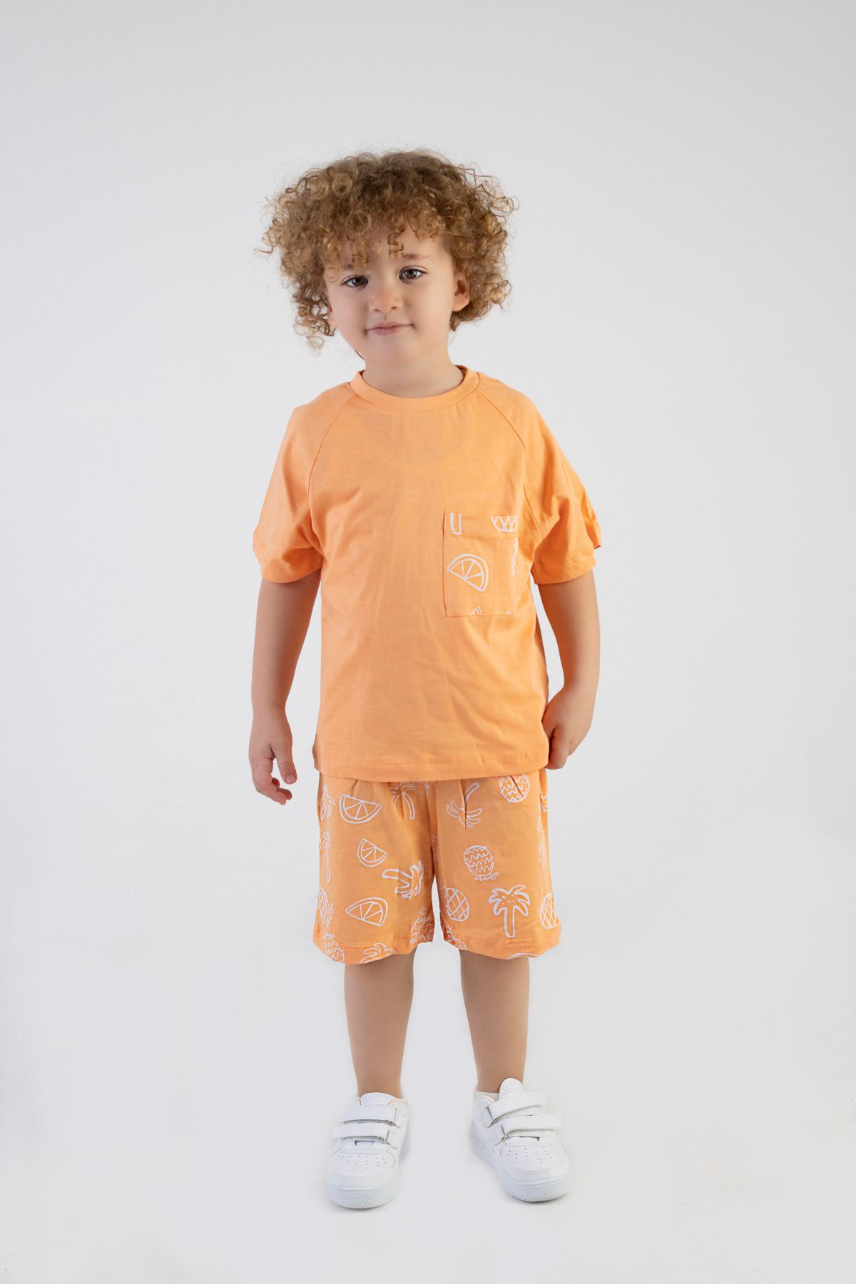 HARİKA KİDS Erkek Çocuk Palmiye Baskılı Turuncu Renk Kısa Kollu Şortlu Alt Üst Takım fotoğrafı 5 (önizleme)