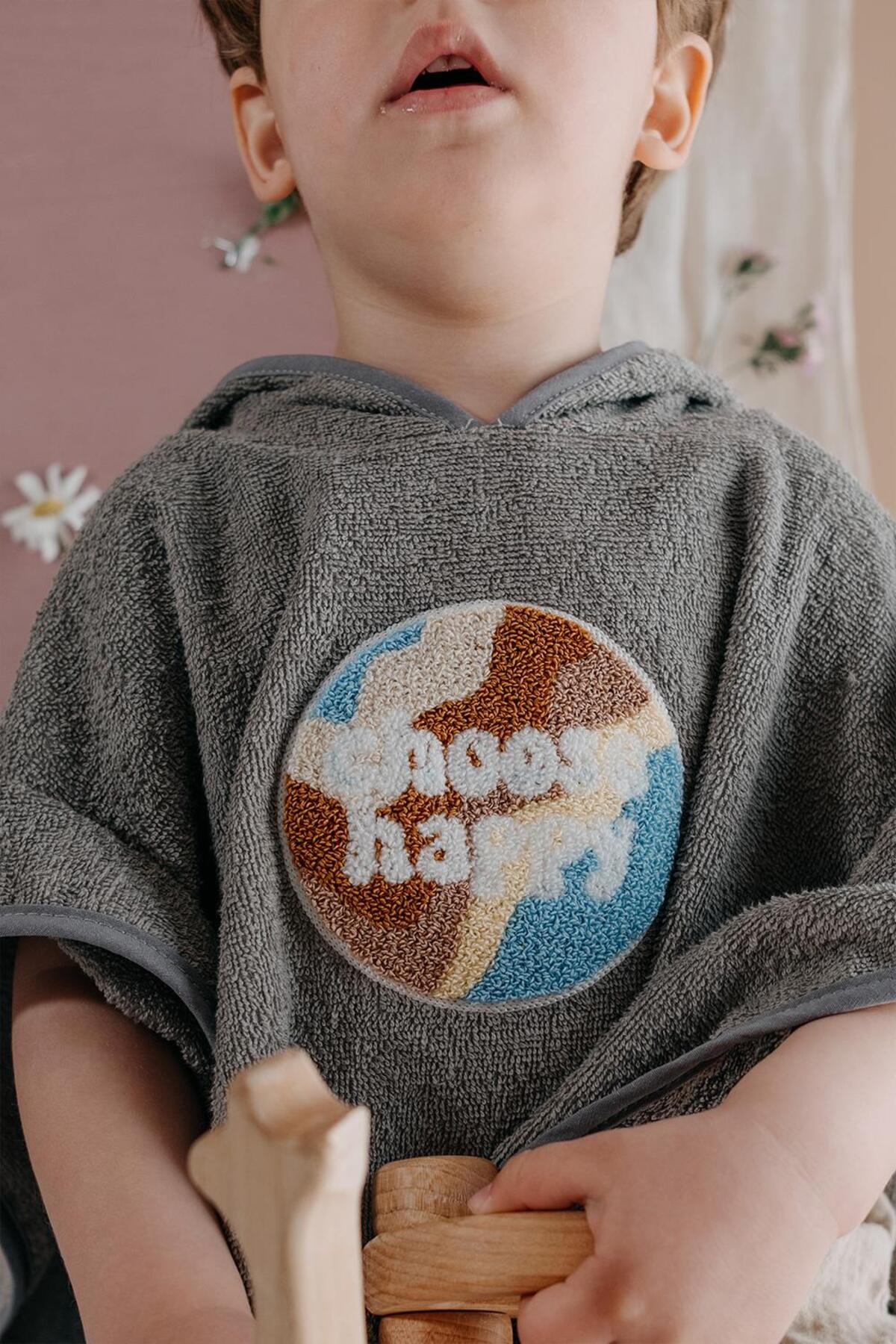 BABYBEK Happy Organik Havlu Çocuk Panço Bornoz - Unisex 1-5 Yaş Standart fotoğrafı 2 (önizleme)