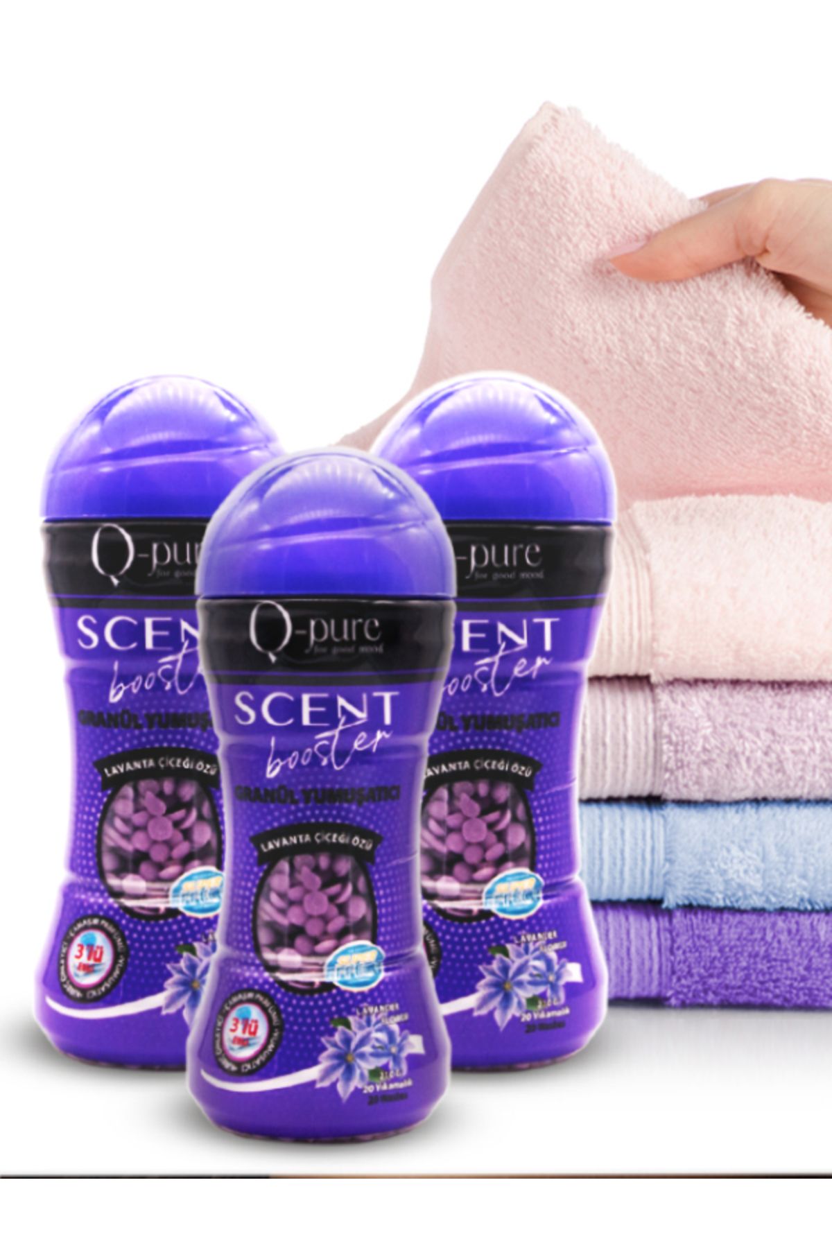 Q-PURE Organik Granül Çamaşır Yumuşatıcı & Çamaşır Parfümü Lavanta Çiçeği Özü 210 gr X 3'lü Avantaj