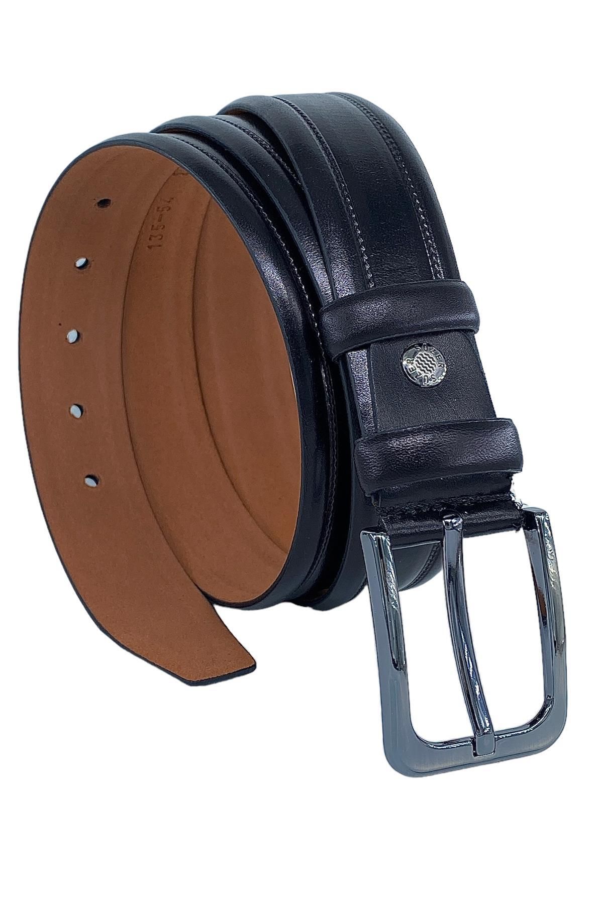Süzer Deri-Black Genuine Leather Patterned 3.5 cm Classic Belt - 200-61 1