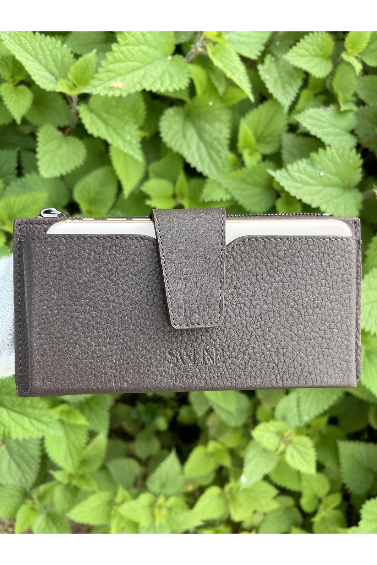 Genuine Leather Women's Wallet with Phone Compartment - Handheld Portfolio Coffee