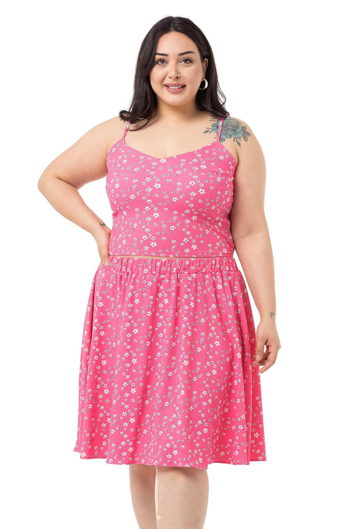 DISENTIS MODEST-Plus Size Adjustable Thin Strap Blouse Skirt Fuchsia Double Set 2
