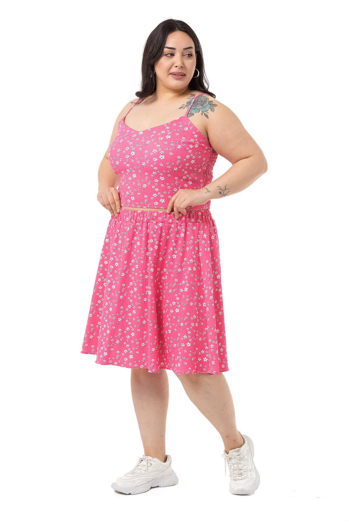 DISENTIS MODEST-Plus Size Adjustable Thin Strap Blouse Skirt Fuchsia Double Set 5