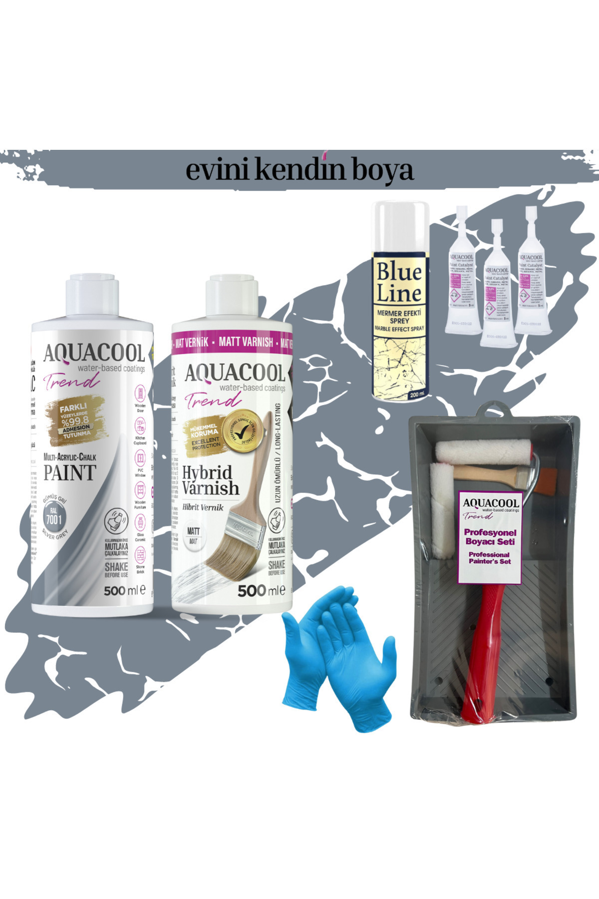 Mac Water Based Tile Painting Set Ral 7001 Silver Grey, Matt Varnish