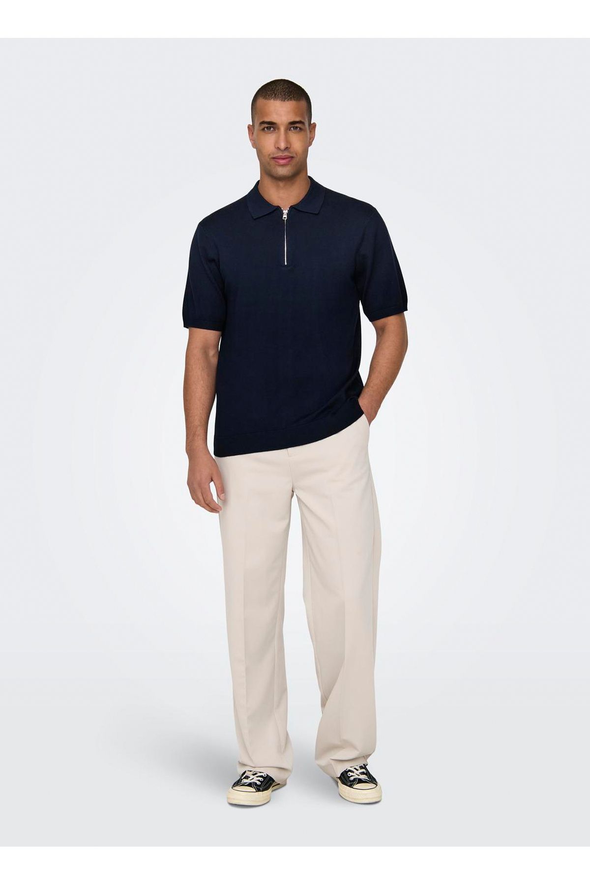 تی شرت پولو مردانه آبی تیره ساده ONSWYLER LIFE REG 14 SS ZIP POLO KN Only & Sons