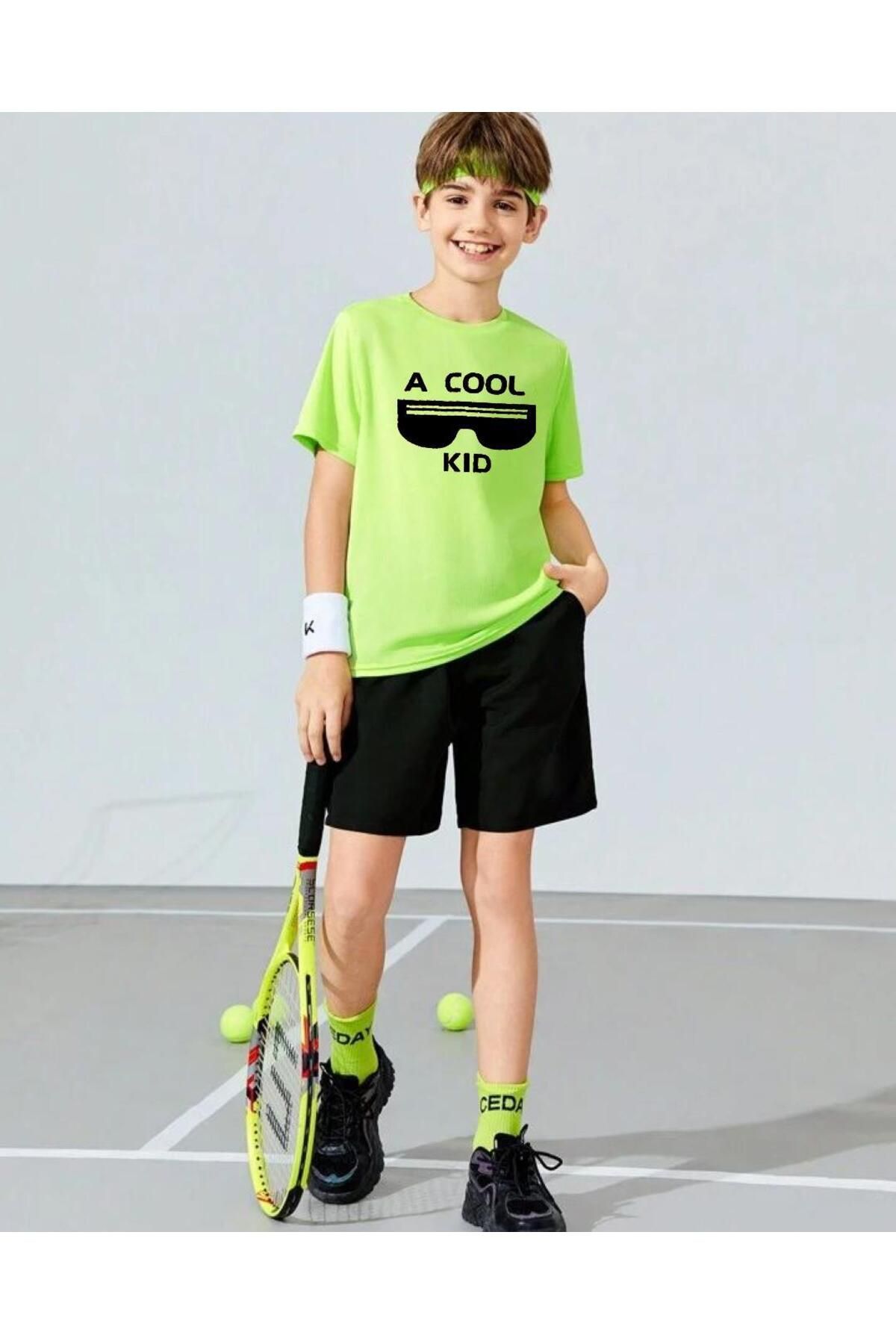 MORNİNG KİDS-Boy's Neon Green Black A Cool Kid Printed Shorts-T-Shirt Set 1