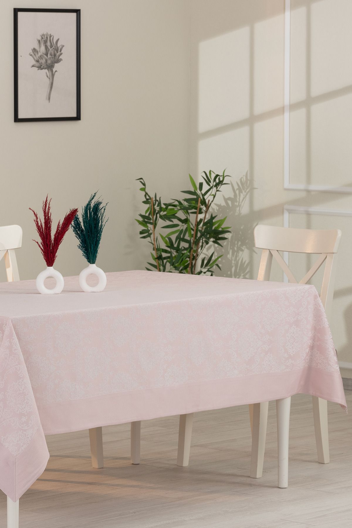 Tropikhome-مفرش طاولة فاخر من القطن باللون الوردي البودرة بنمط دمشقي - 160x220 سم 2