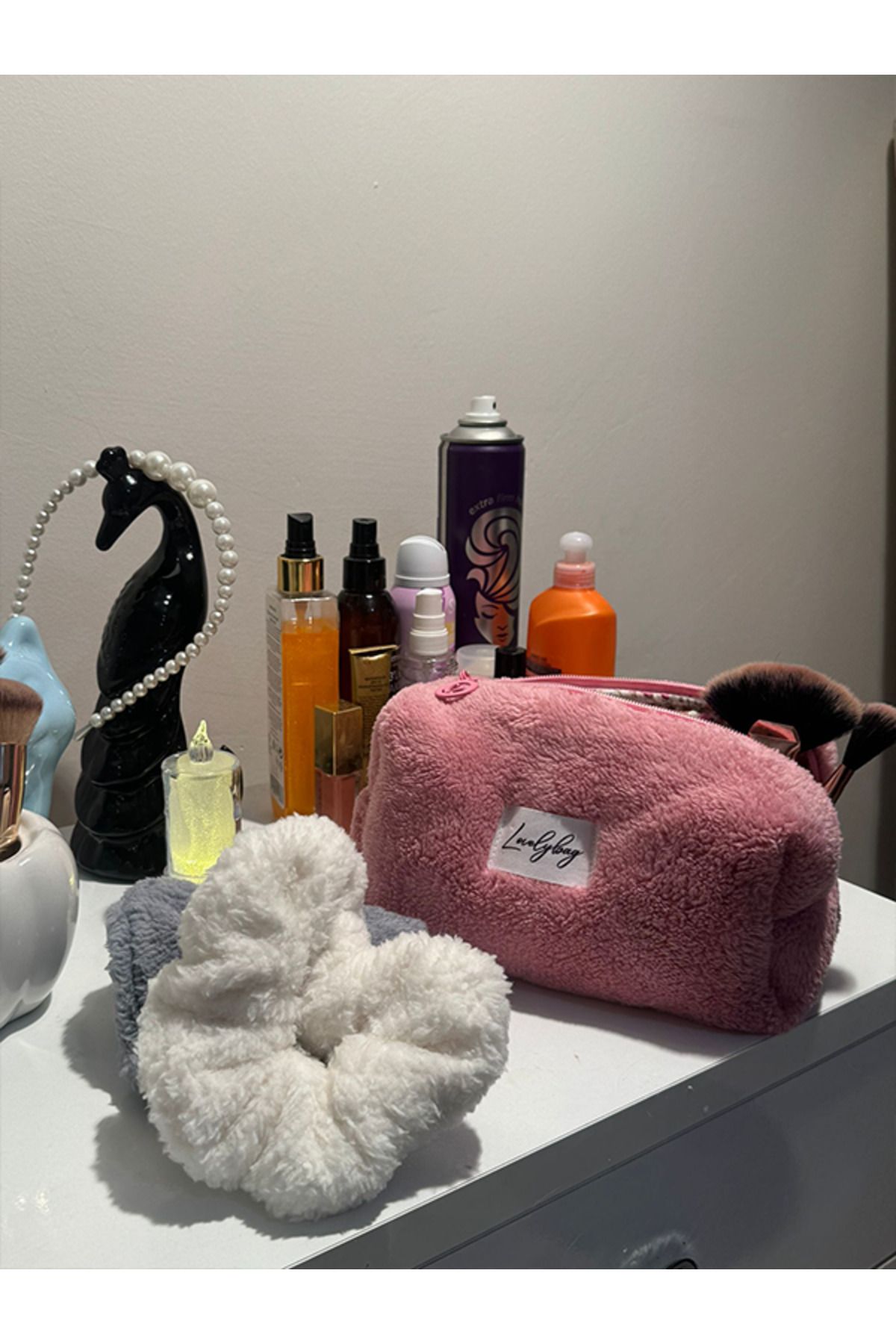 کیسه آرایش مخملی بزرگ صورتی LOVELYBAG