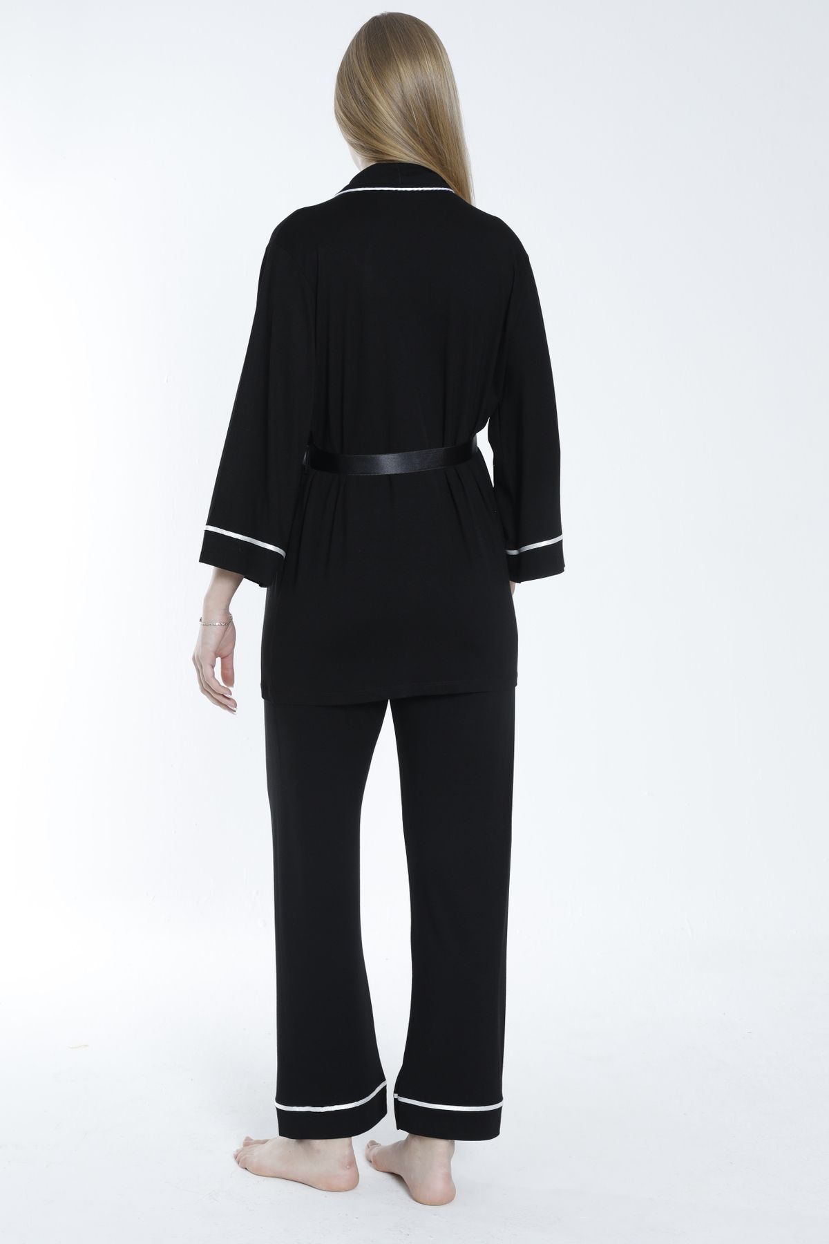Miss Dünya Lissa-Pregnant and Maternity Pajamas Set with Front Tie and Large Stripe Collar 2