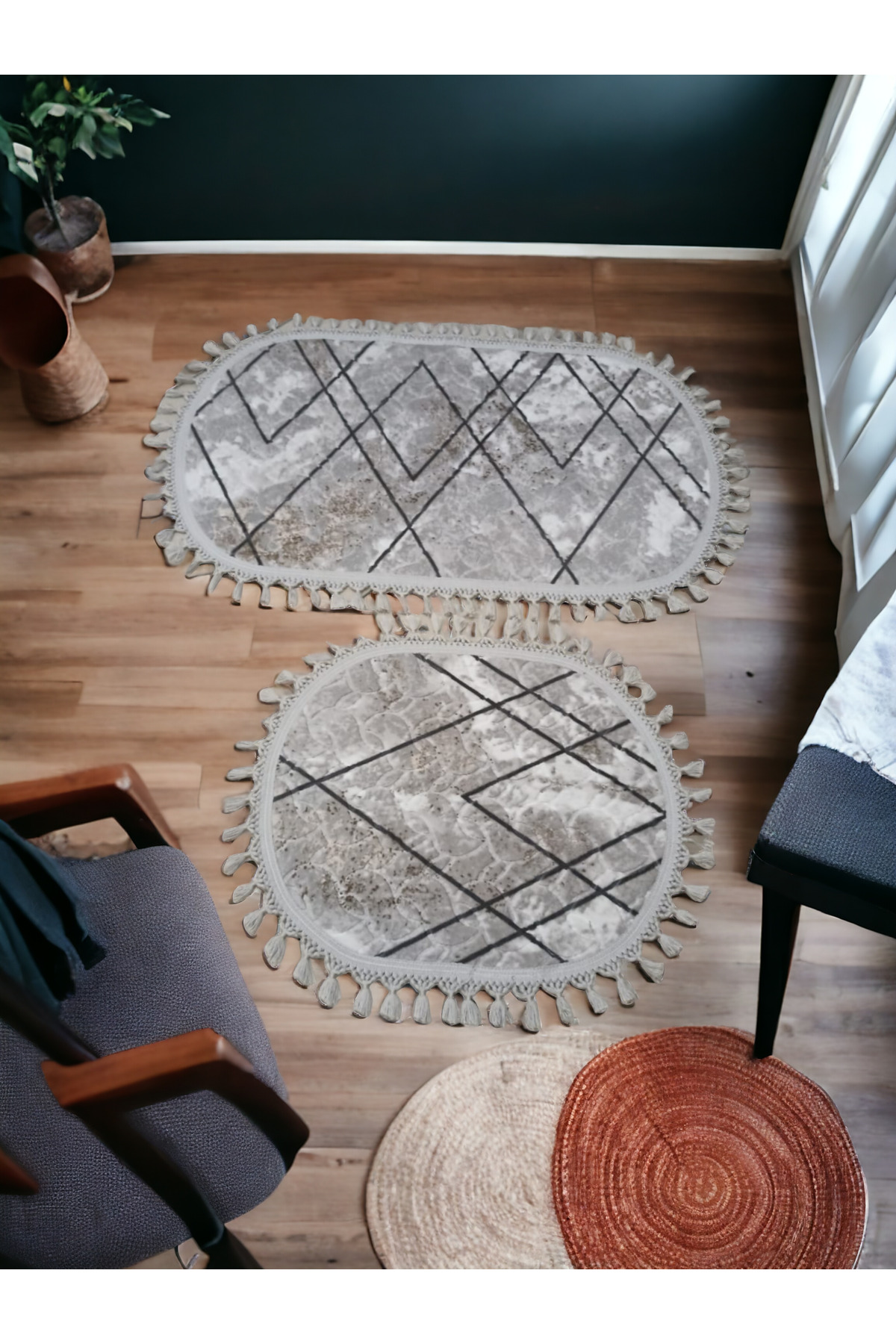 Altun Carpet Pompom Fringed Light Grey Gel Base Bath Pospas Set 60*100 50*60