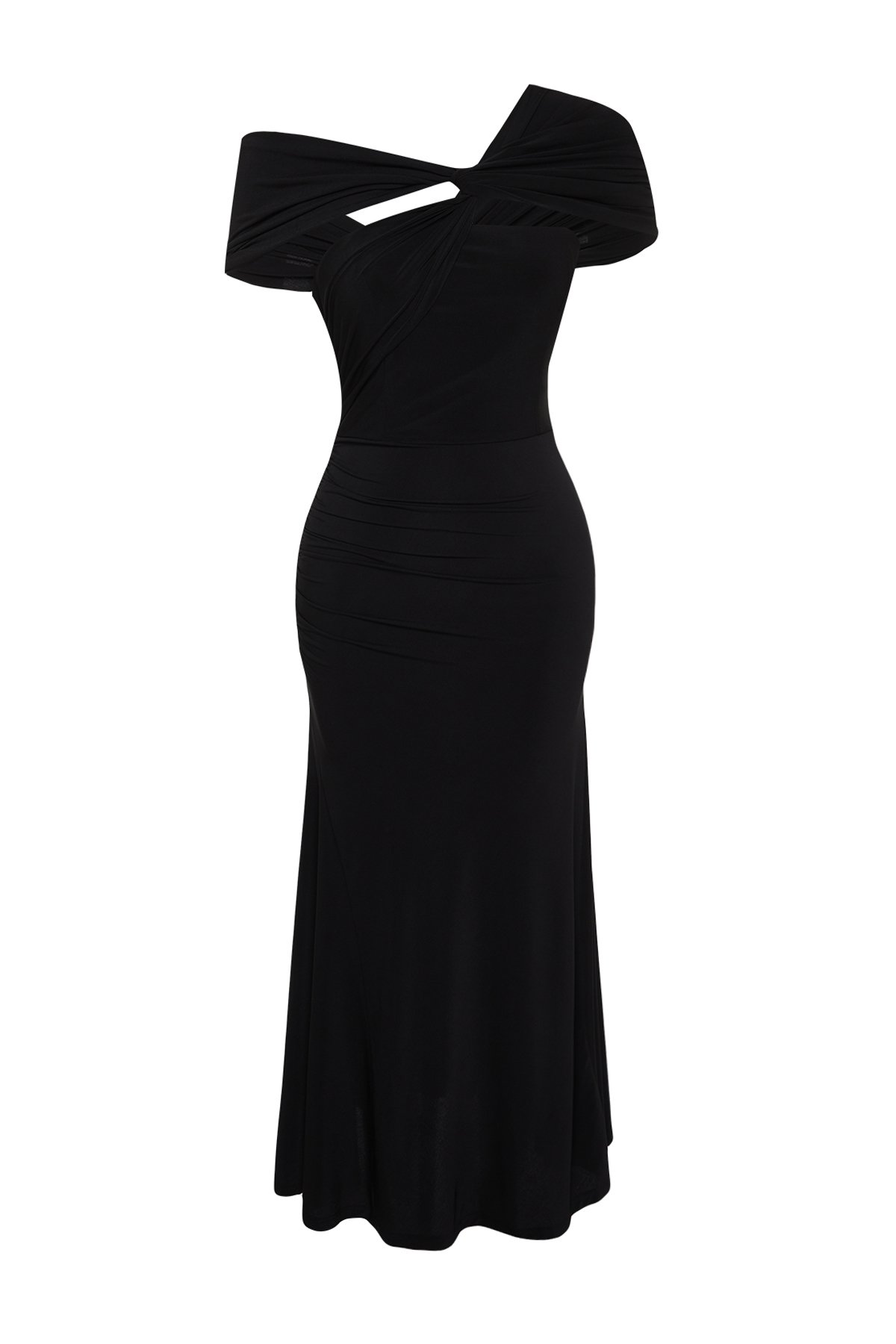 Trendyolmilla  Siyah A-Kesim Asimetrik Yaka Örme Şık Abiye Elbise TPRSS24EL00046 - Görsel 8